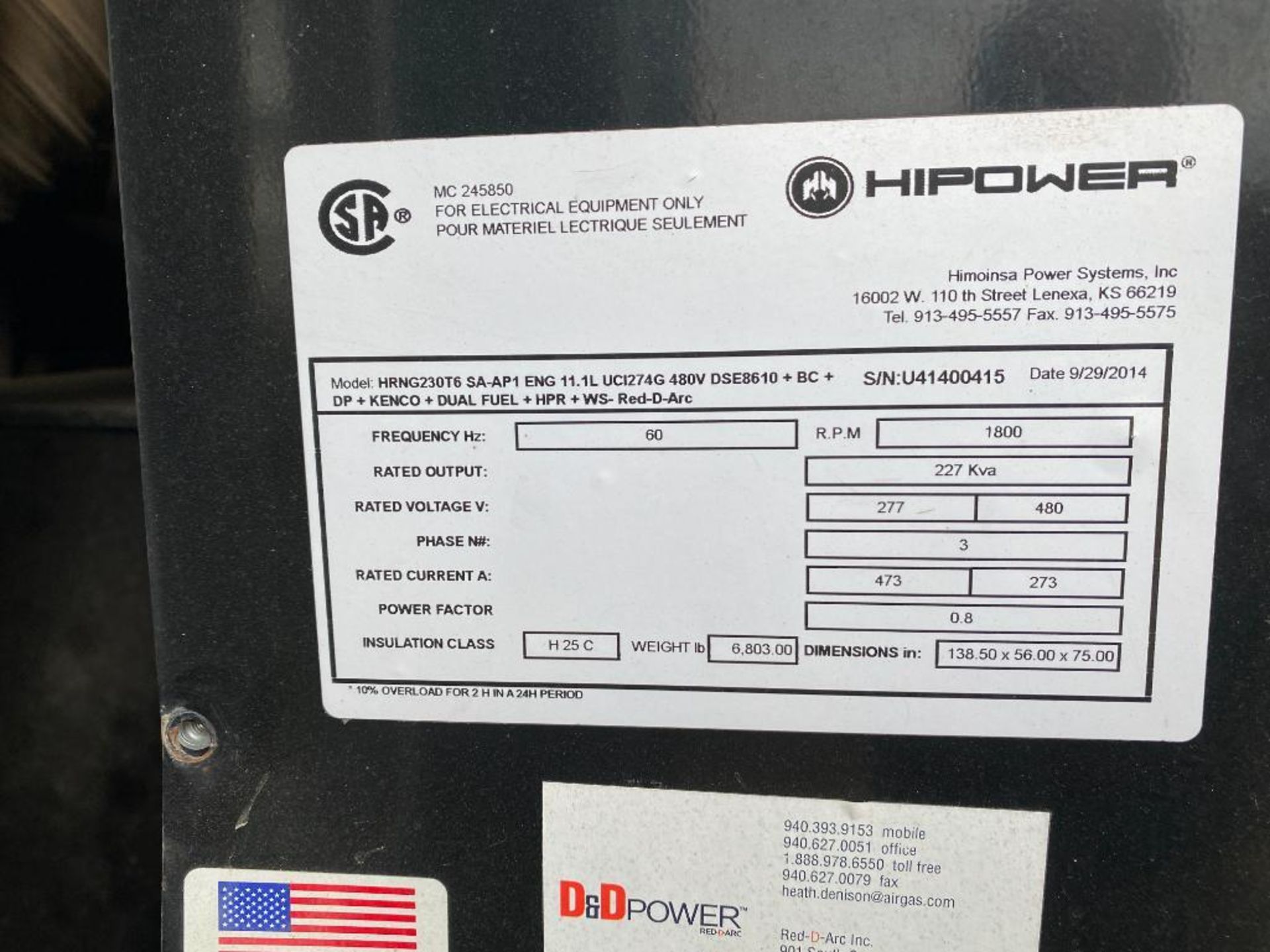 2014 HiPower 230 KVA Towable Generator, Dual Fuel Natural Gas or LP, Model HRNG230T6 SA-AP1 ENG 11.1 - Image 9 of 13