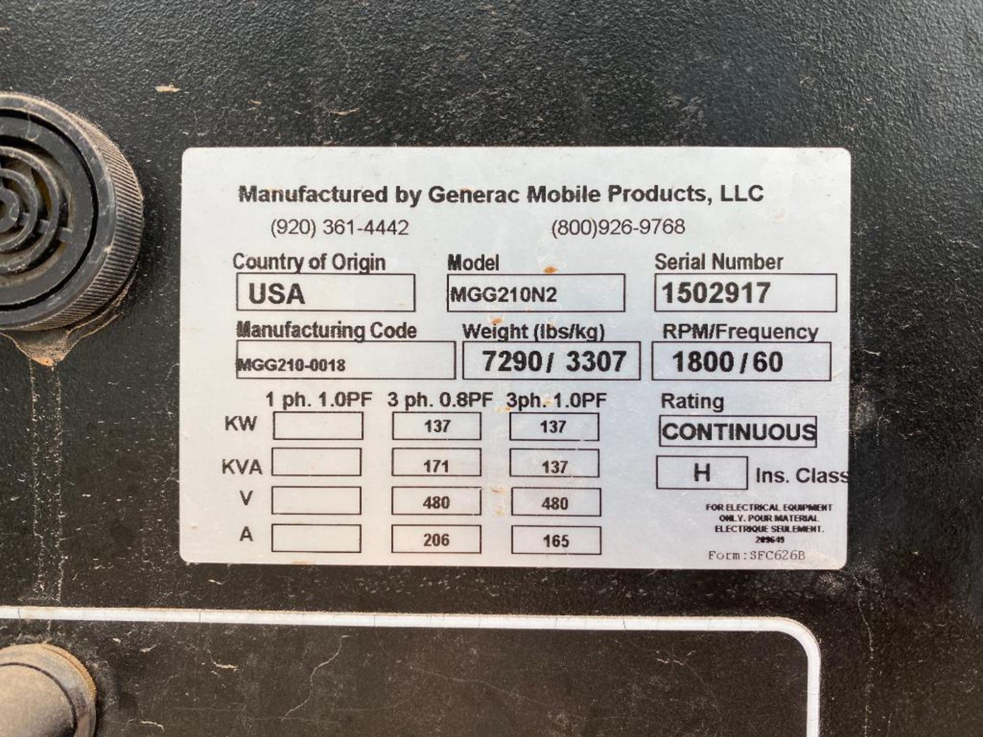 2015 Magnum/Generac 230 KVA Towable Generator, Dual Fuel Natural Gas or LP, Model MGG210N2, 3-Phase, - Image 7 of 12