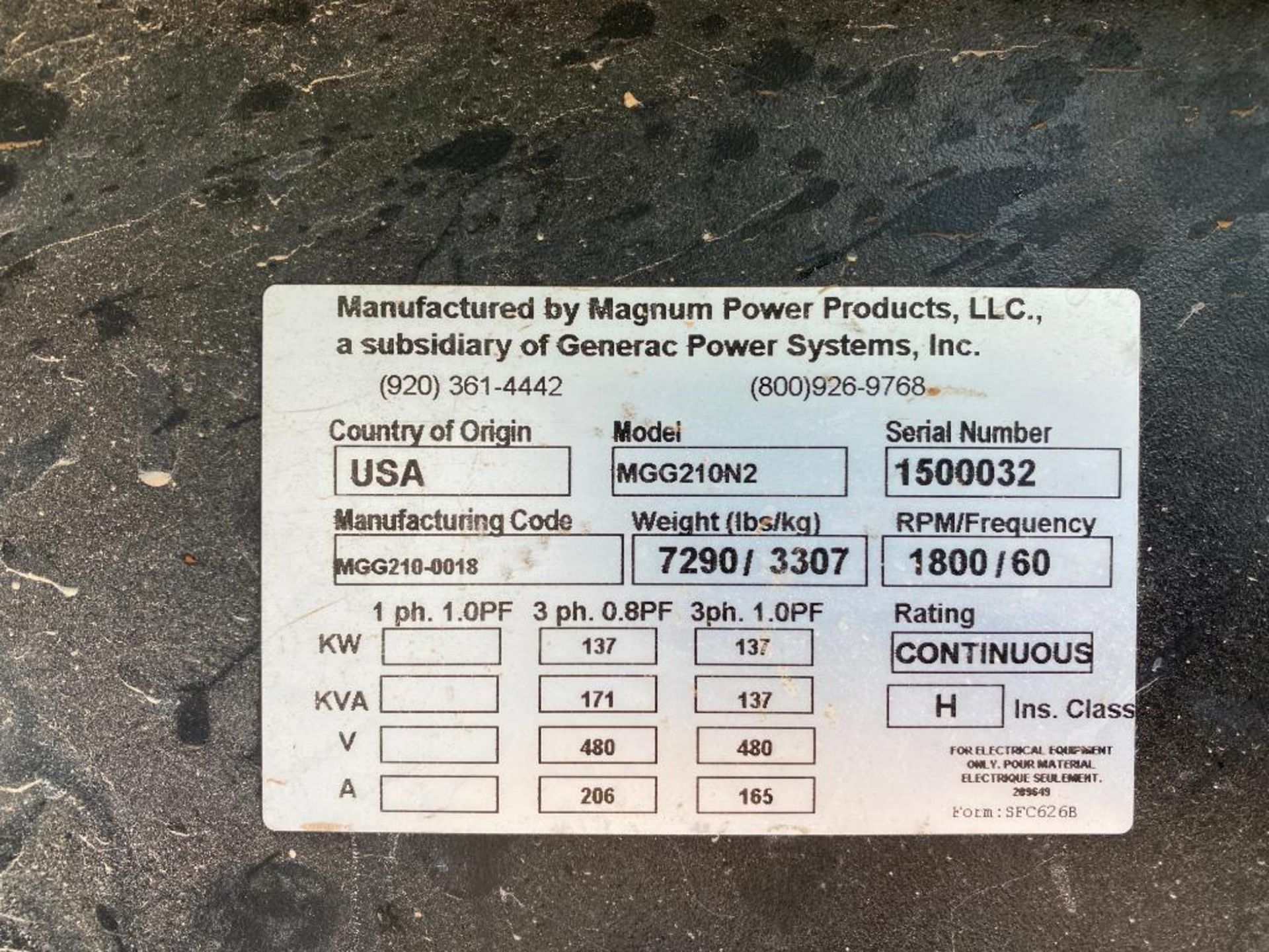 2015 Magnum/Generac 230 KVA Towable Generator, Dual Fuel Natural Gas or LP, Model MGG210N2, 3-Phase, - Image 9 of 15