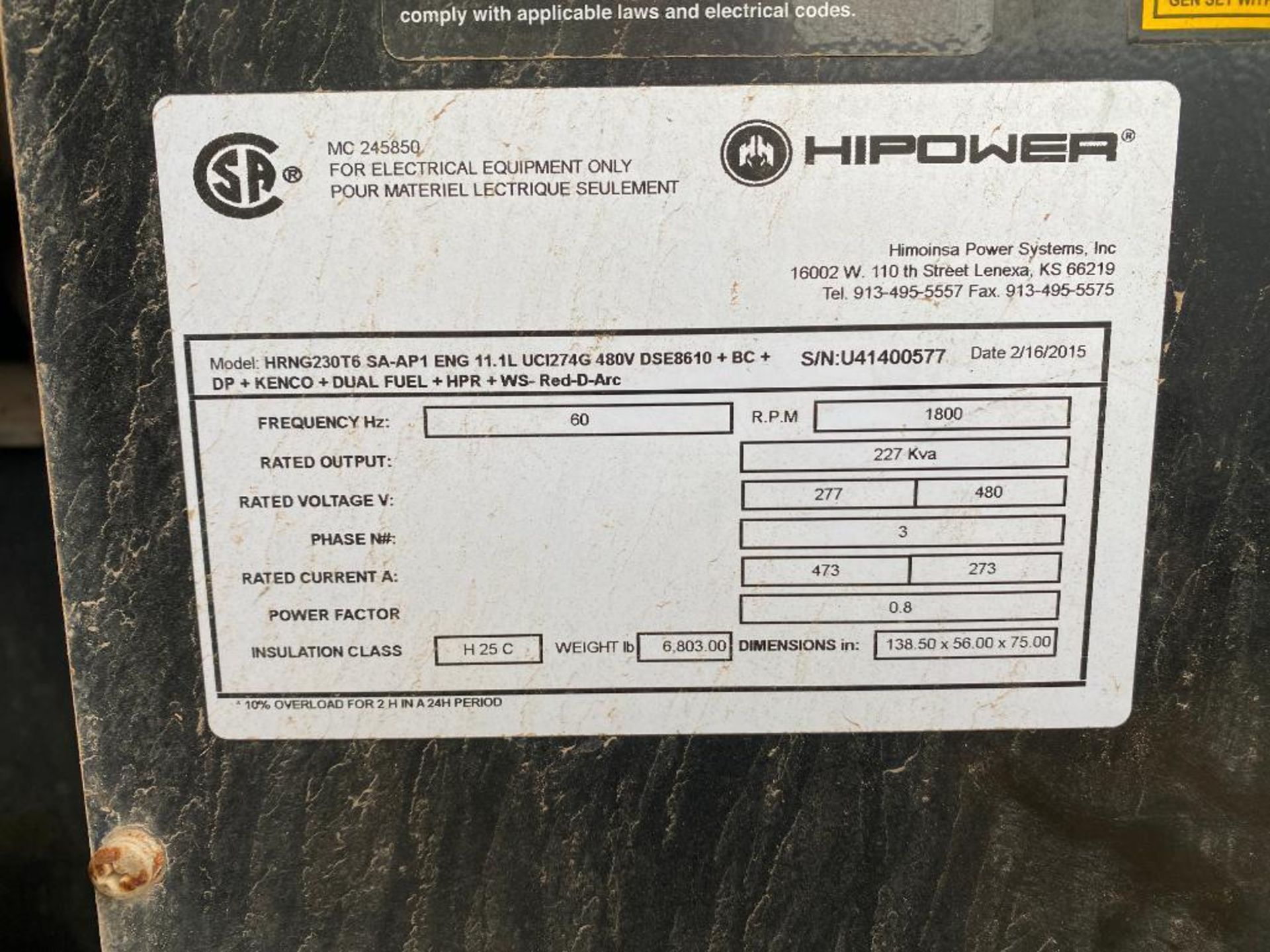 2015 HiPower 230 KVA Towable Generator, Dual Fuel Natural Gas or LP, Model HRNG230T6 SA-AP1 ENG 11.1 - Image 6 of 15