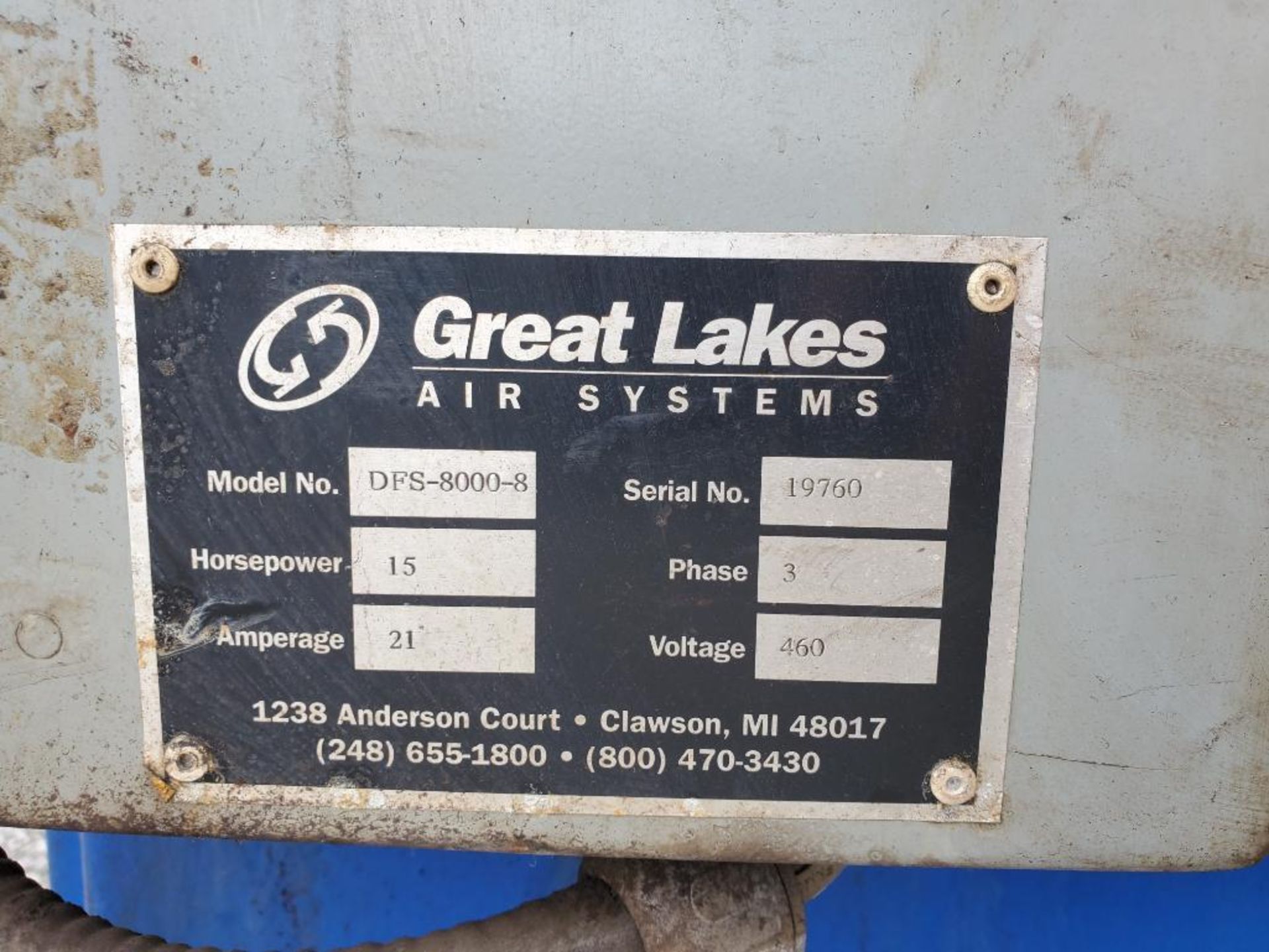 Great Lakes Air Robovent Dust Collector, Model DFS-8000-8, S/N 19760, 15 HP, 3 PH, 21 AMP, 460V - Image 7 of 7