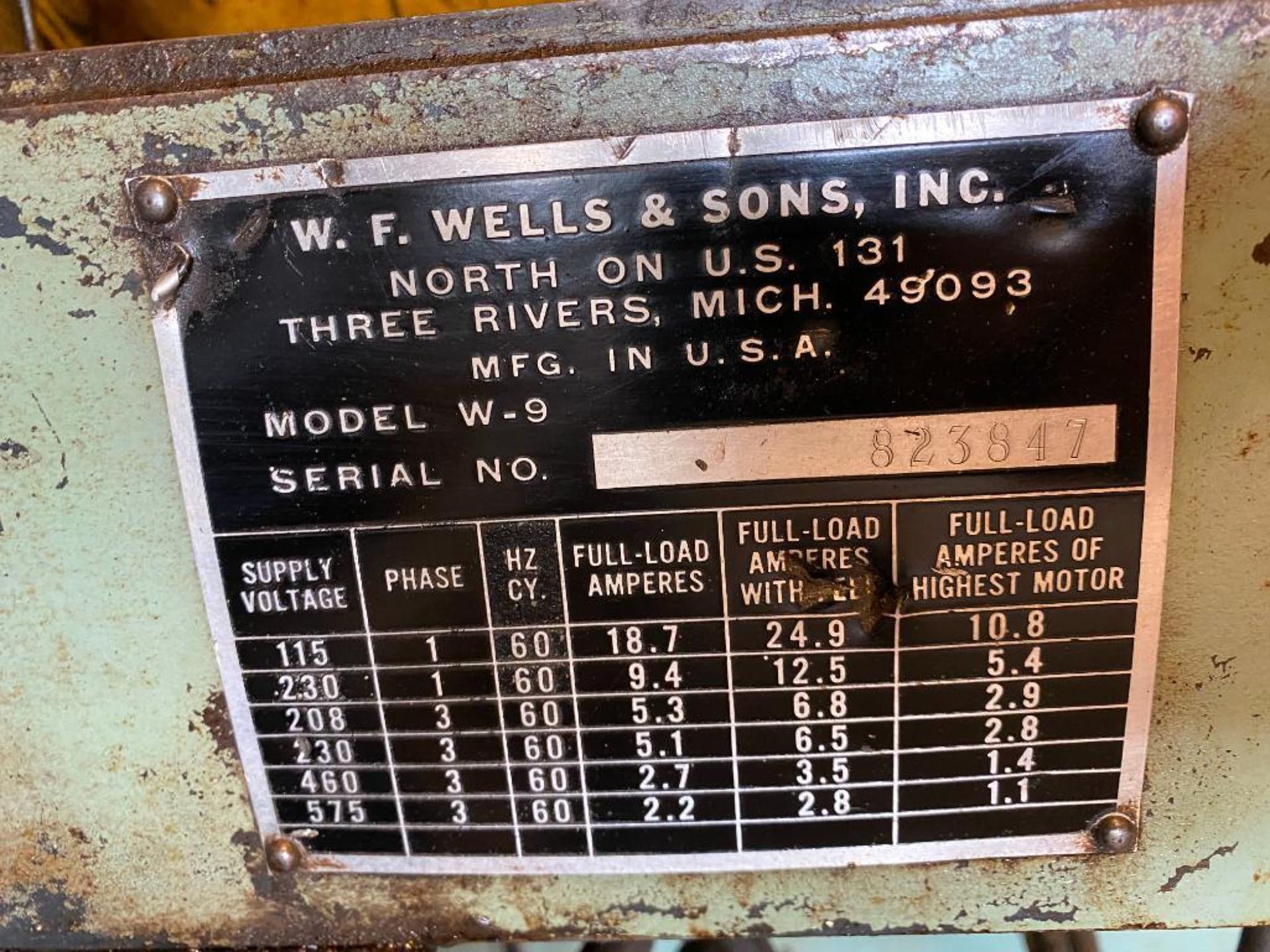 W.F. Wells Horizontal Band Saw, Model W-9, S/N 823847 - Image 7 of 7