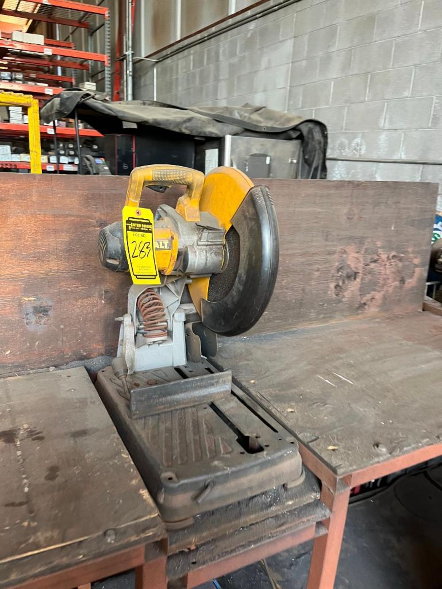 Wood Top Table w/ Dewalt 14" Chop Saw, Model DW872, 12" Direct Drive Disk Sander - Image 2 of 3