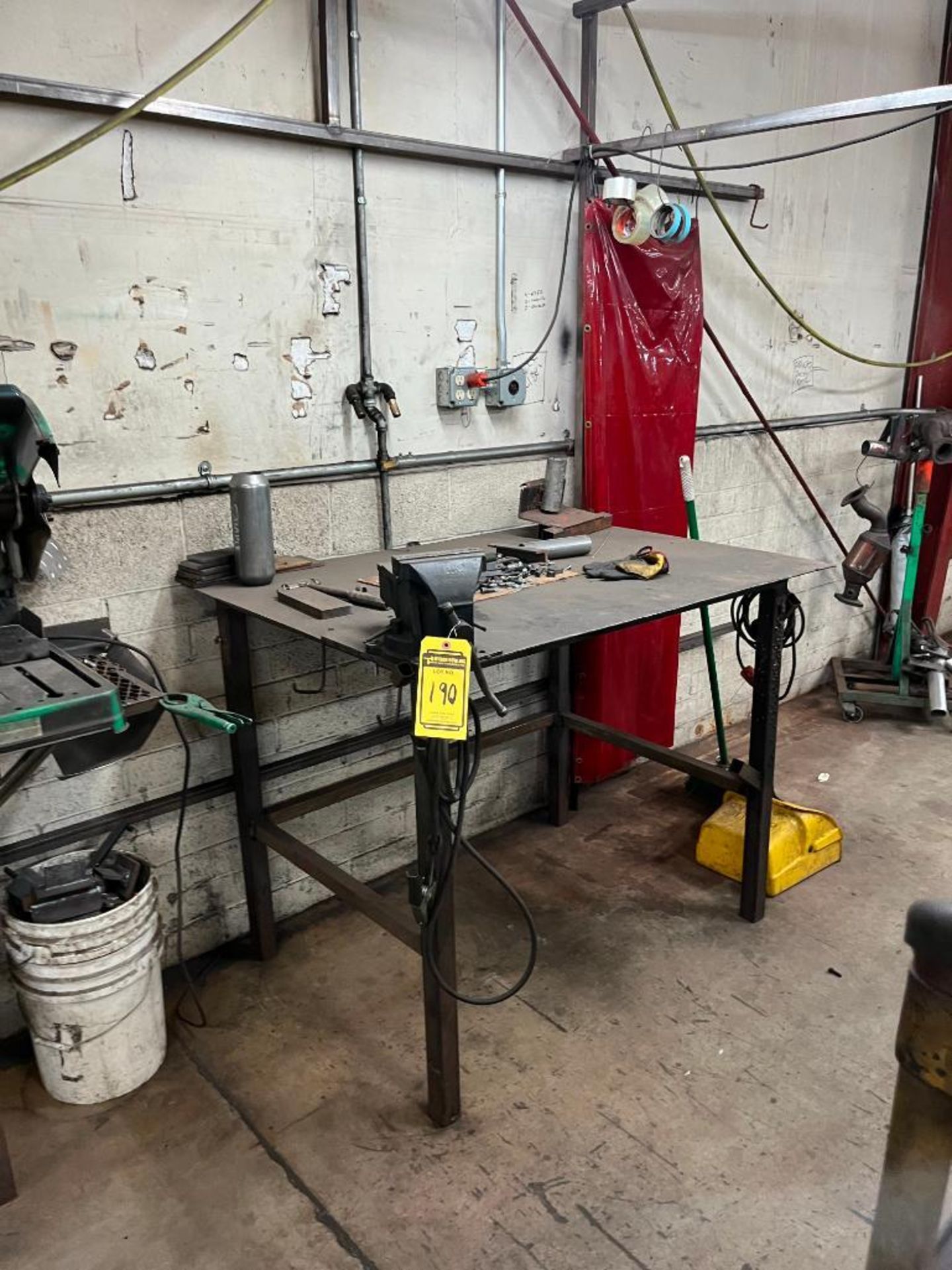 Welding Booth & Remaining Content of (4) Steel Welding Tables w/Bench Vises, (2) Chop Saws, Desk, Co - Image 3 of 12