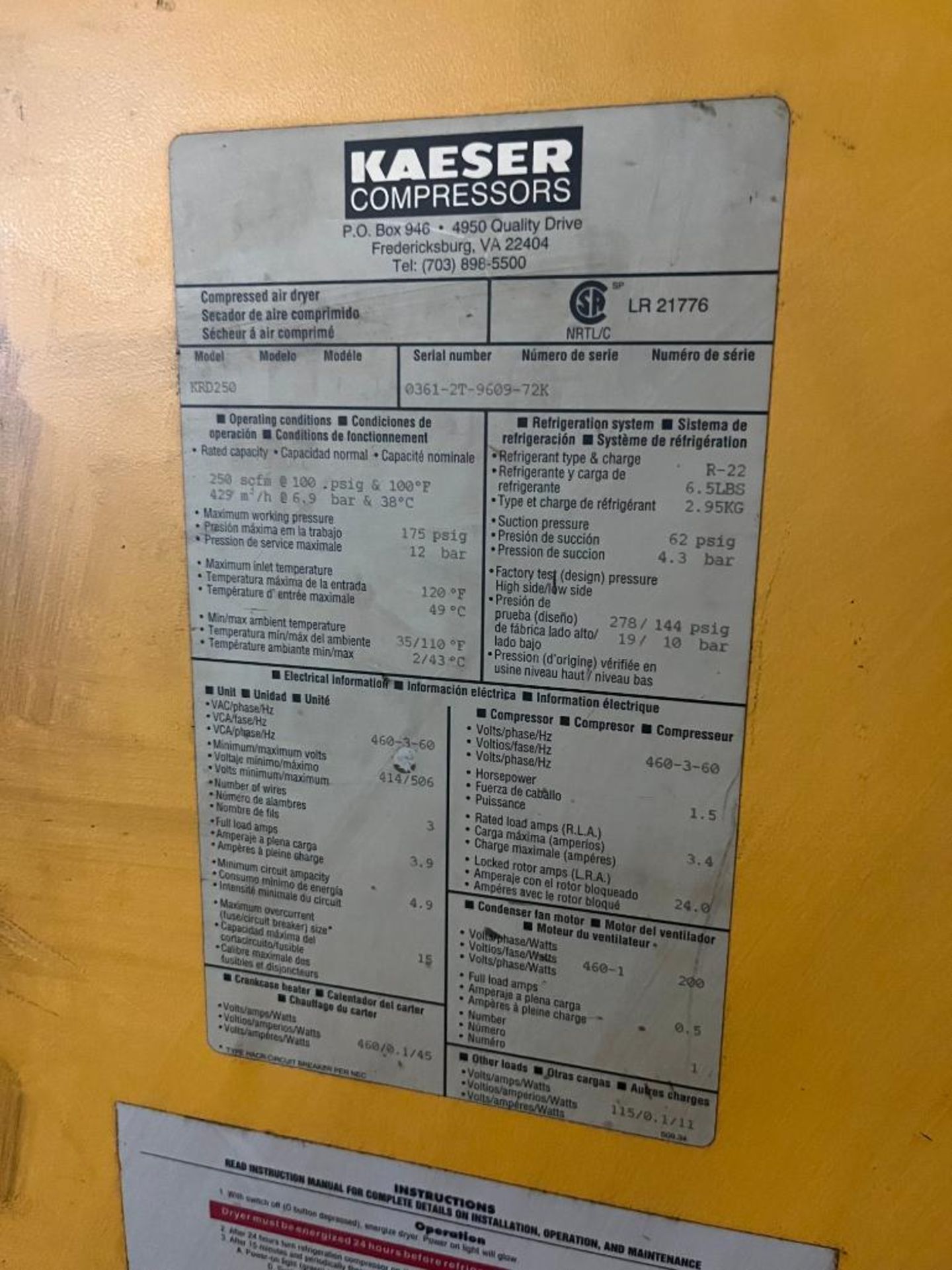 Kaeser Compressor, Model BS61, S/N 5102309, 50 HP, & Kaeser Dryer, Model KRD250, S/N 0361-2-9609-72K - Image 4 of 5