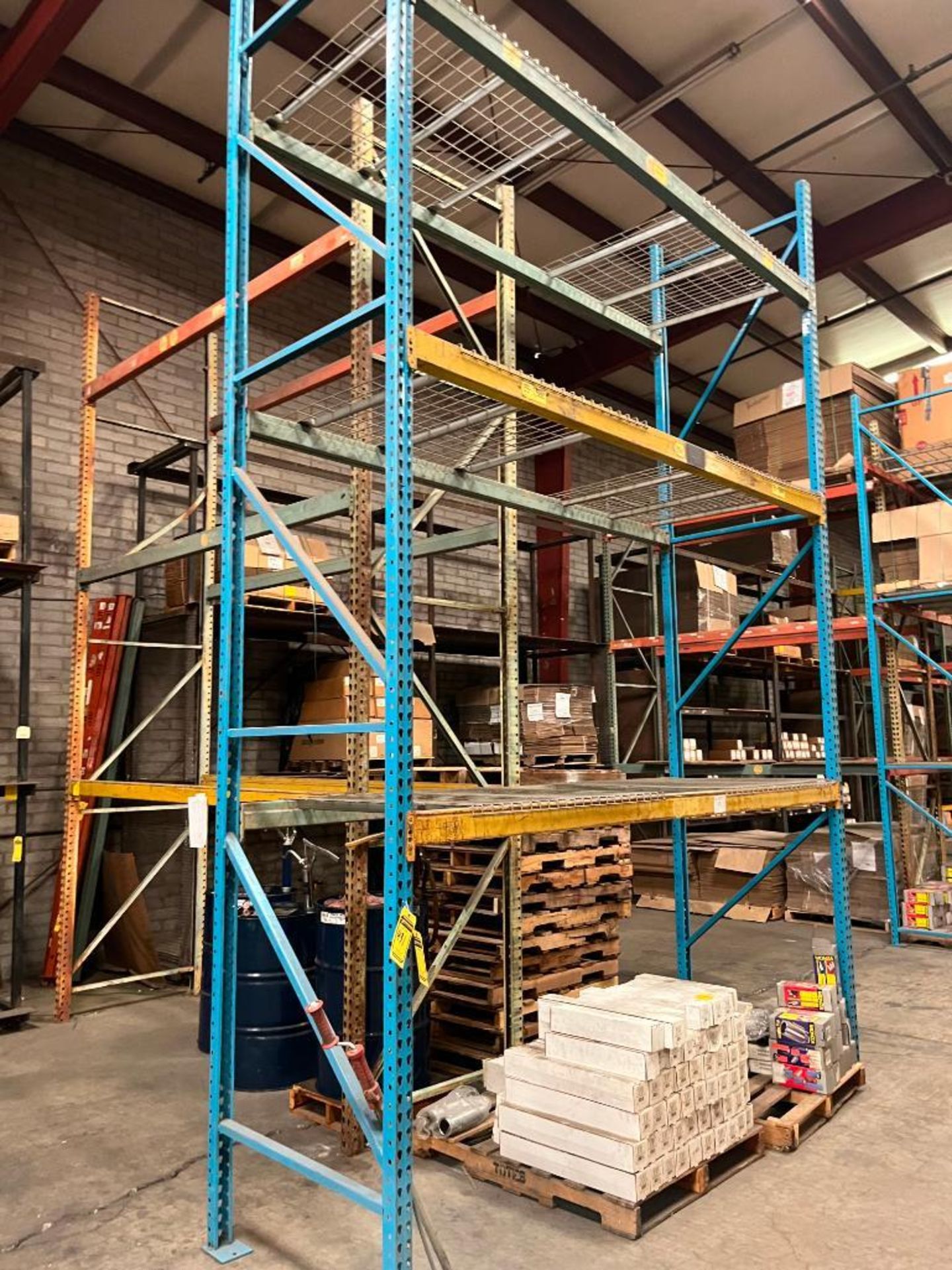 (10x) Sections of Teardrop Style Pallet Racking, (18) 16' x 42" Uprights, (56) 4" x 124" Cross Beams