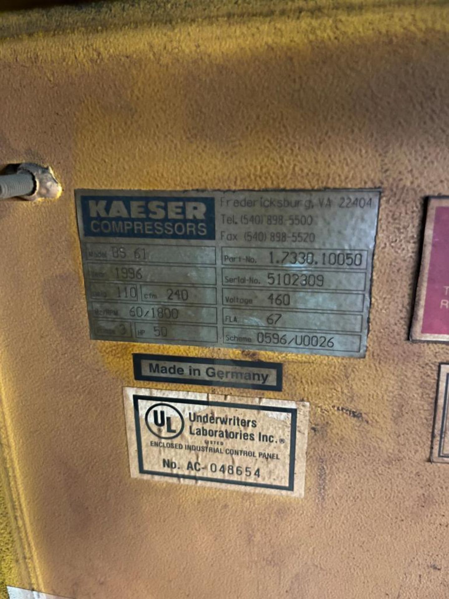 Kaeser Compressor, Model BS61, S/N 5102309, 50 HP, & Kaeser Dryer, Model KRD250, S/N 0361-2-9609-72K - Image 3 of 5