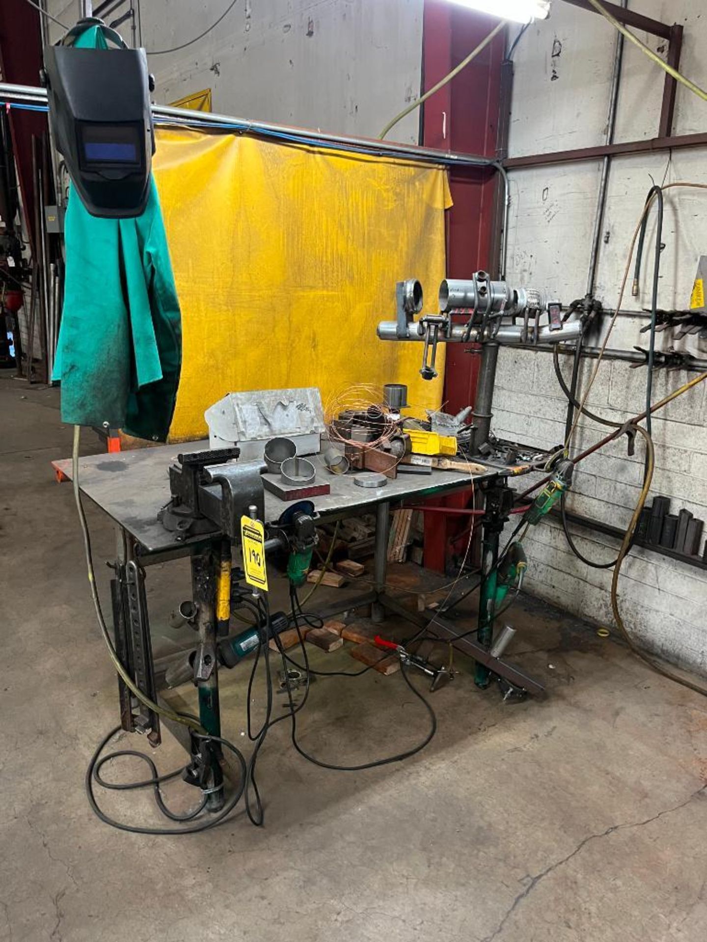 Welding Booth & Remaining Content of (4) Steel Welding Tables w/Bench Vises, (2) Chop Saws, Desk, Co