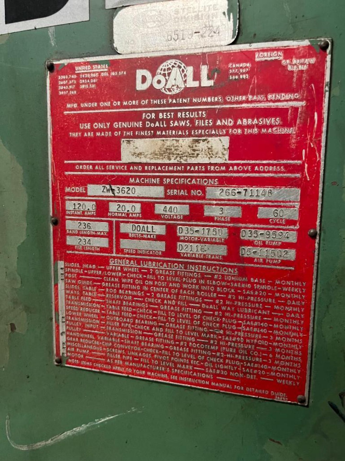 Doall Vertical Band Saw, Model ZW-3620, S/N 266-71148, 16" Cut Height, 36" Width - Image 2 of 3