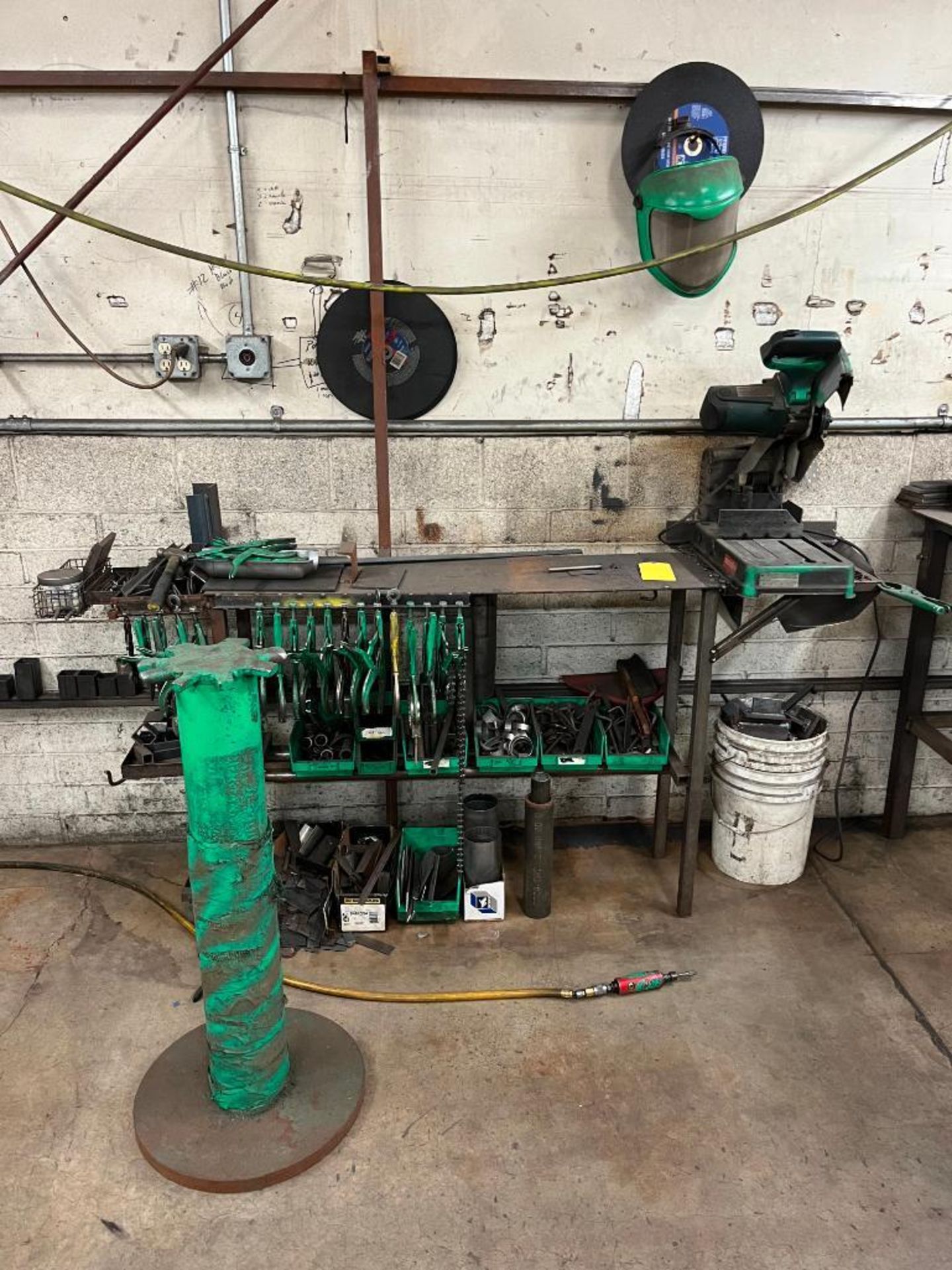 Welding Booth & Remaining Content of (4) Steel Welding Tables w/Bench Vises, (2) Chop Saws, Desk, Co - Image 2 of 12