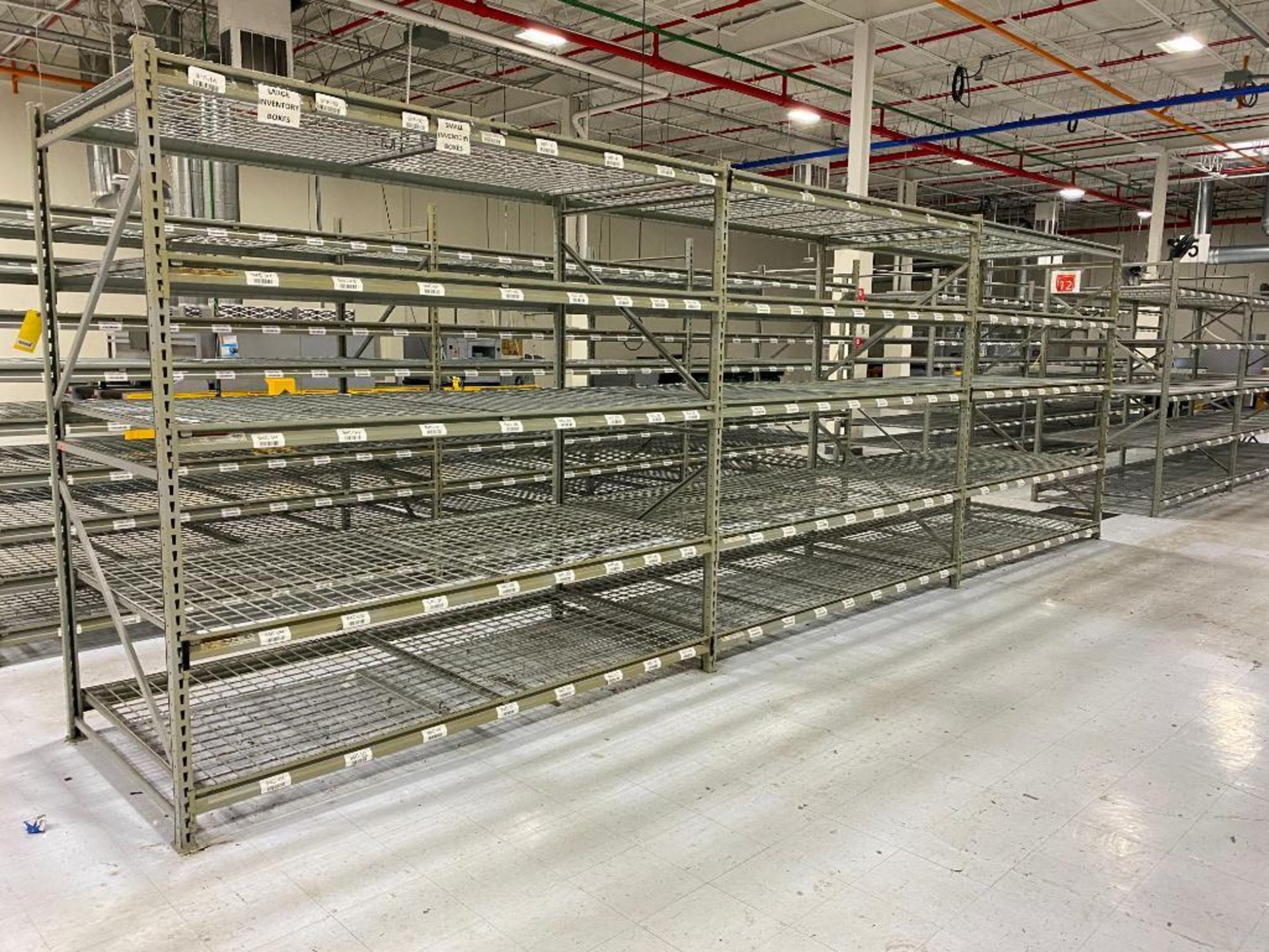 (3x) Sections of Light Duty Racking: (30) 96" x 3" Beams, (4) 96" x 48-1/2" Uprights, & (30) Wire De