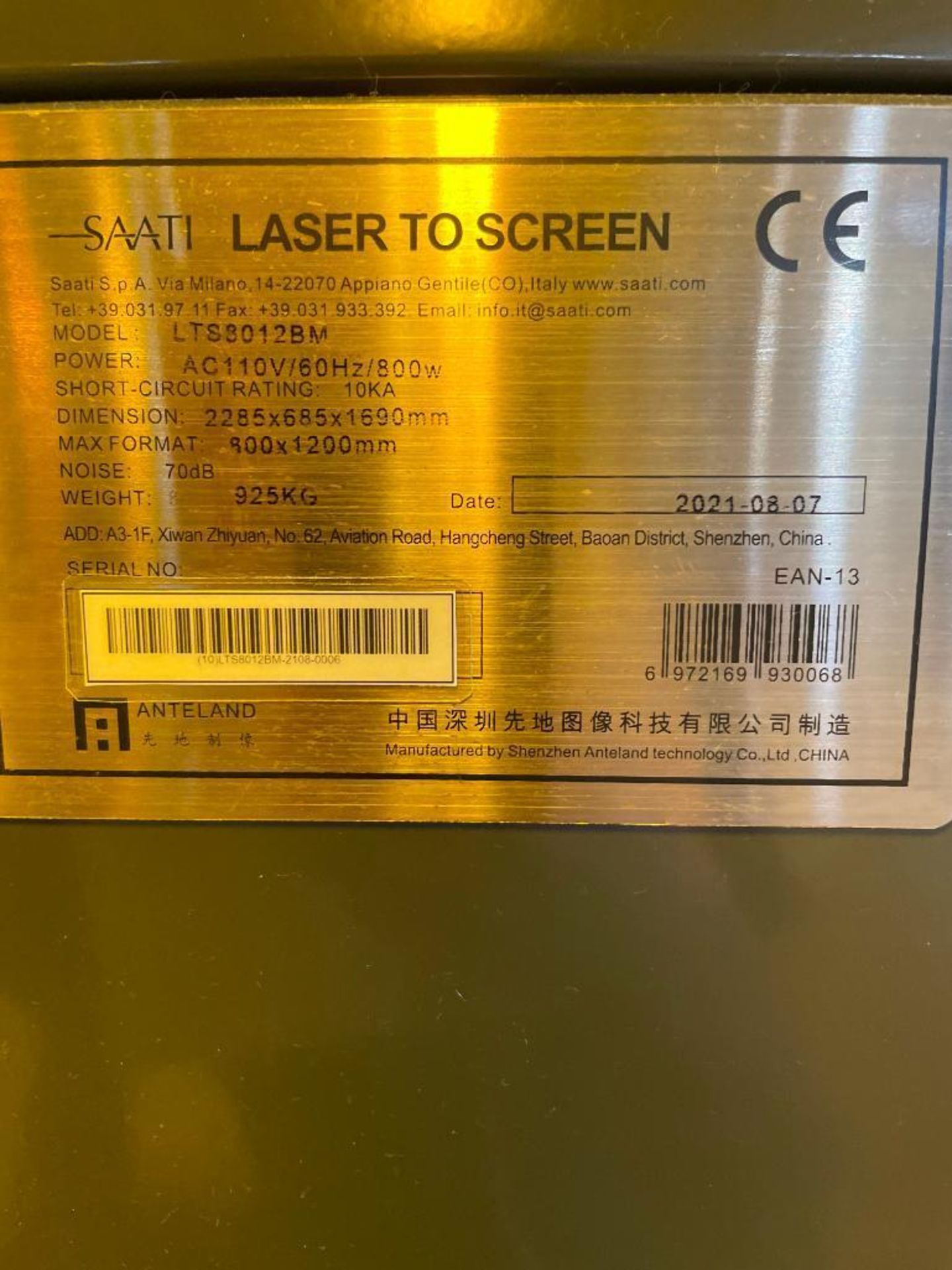 2021 Saati Direct Laser Image Exposure Unit (Laser To Screen), Model LTS8012BM, Max. Format 800X1200 - Image 6 of 10