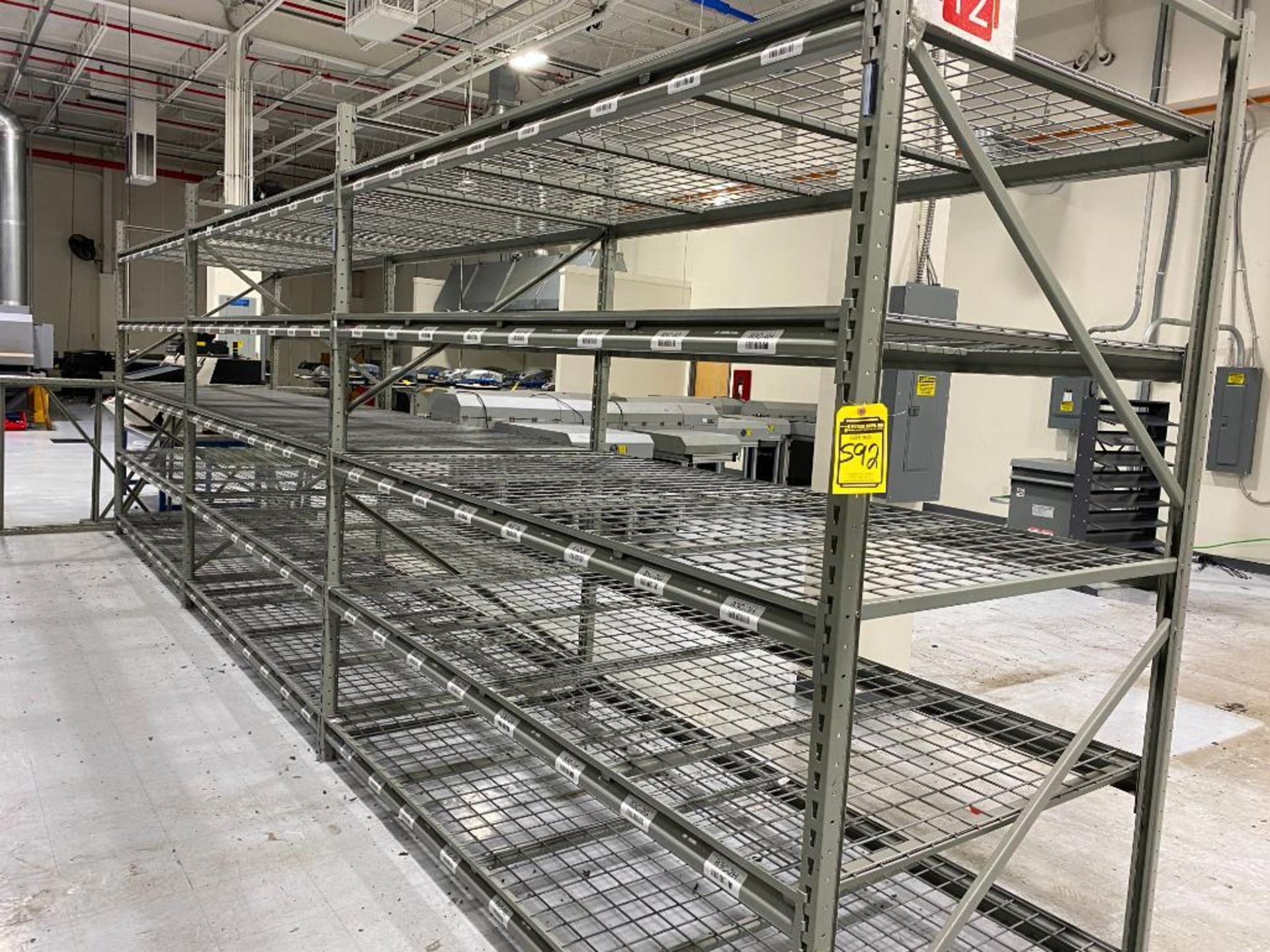 (3x) Sections of Light Duty Racking: (30) 96" x 3" Beams, (4) 96" x 48-1/2" Uprights, & (30) Wire De