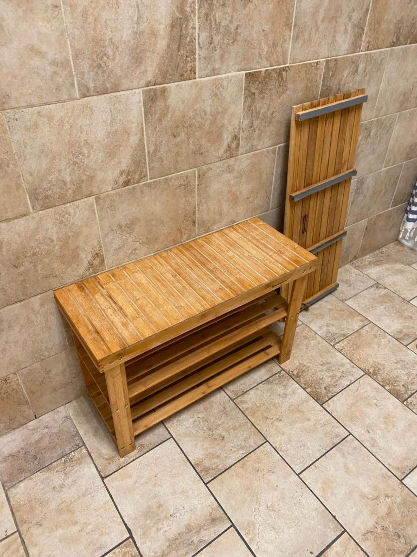 Bookshelf, Teak Shelf, Teak Bench, Garbage Can, Rolling Deck, & File Cabinet - Image 4 of 7