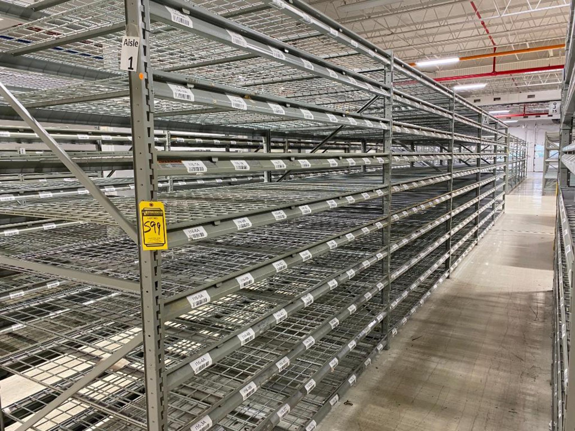 (7x) Sections of Light Duty Racking: (140) 96" x 3" Beams, (9) 96" x 48-1/2" Uprights, & (140) Wire