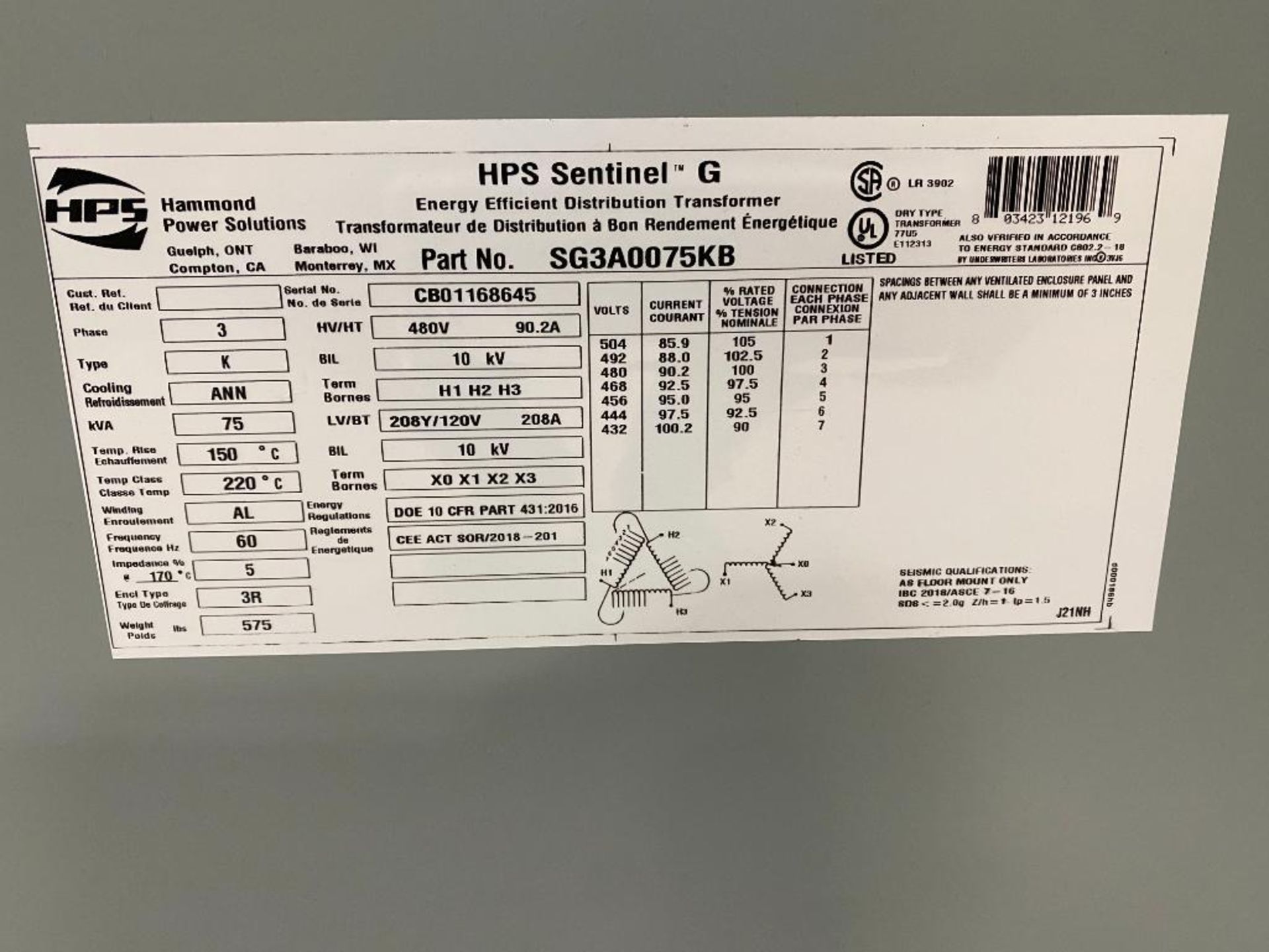 HPS Sentinel G Distribution Transformer, 3-PH, 480 V, 90.2 A, & Square D 200 Amp Switch - Image 2 of 5