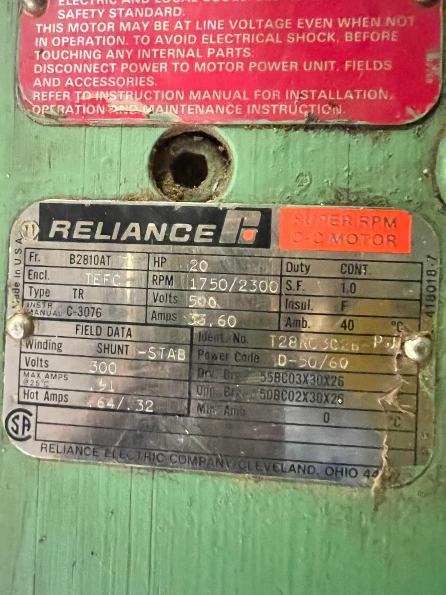 Reliance Super Rpm DC Motor, Identification No. T28R0302B-PJ, Frame: B2810AT, 20 HP, 500 Volt, 33.6 - Image 3 of 3