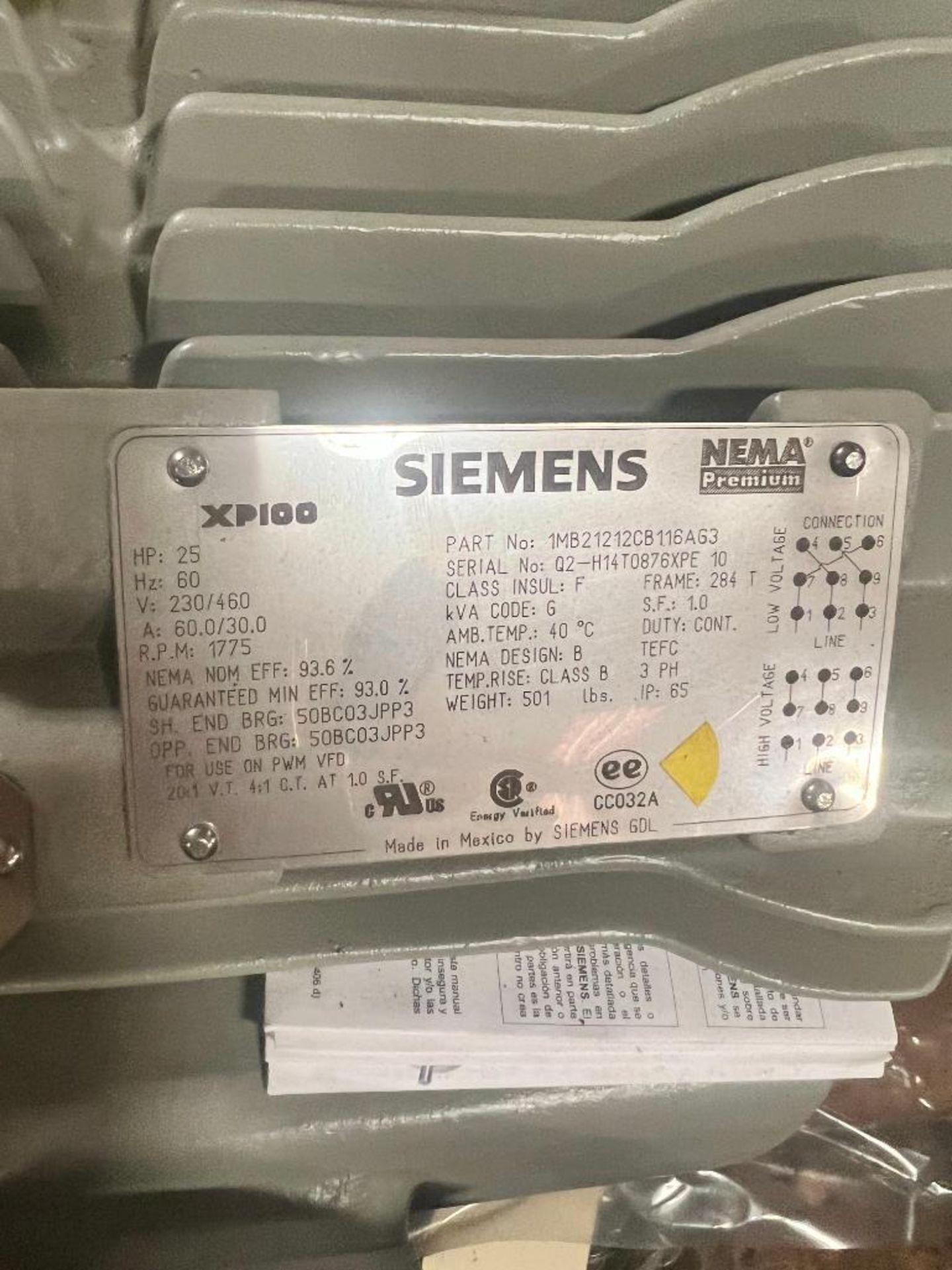 Siemens Motor, Part No. 1MB21212CB116AG3, Frame: 284T, 25 HP, 460 Volt, 60 AMPS, 60 Hertz, 1775 RPM - Image 3 of 3