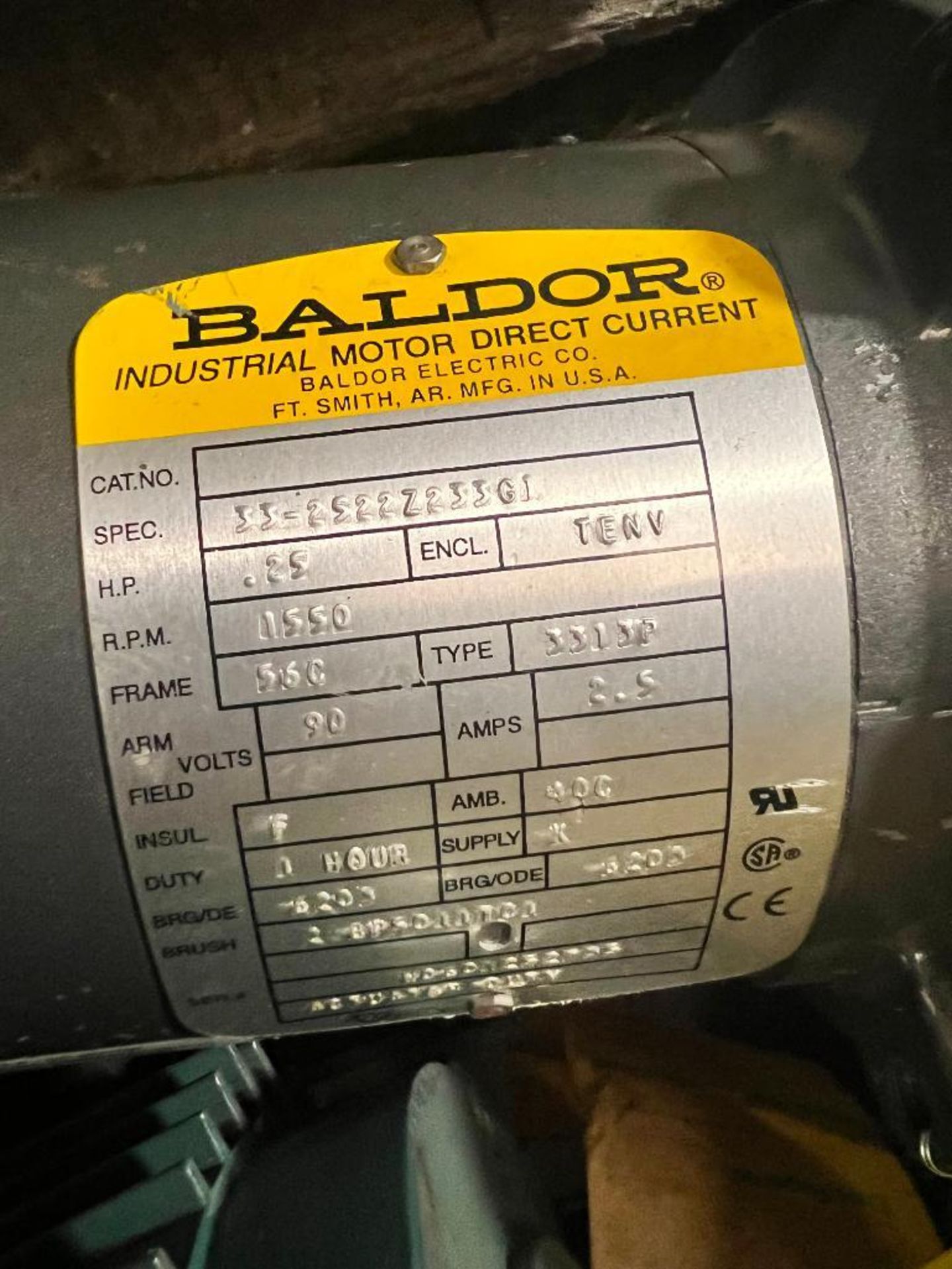 Baldor DC Motor, S/N W0601252735, Frame: 56c, Type: 3313P, .25 HP, 90 Volt, 2.5 Amps, 1550 RPM - Image 2 of 2