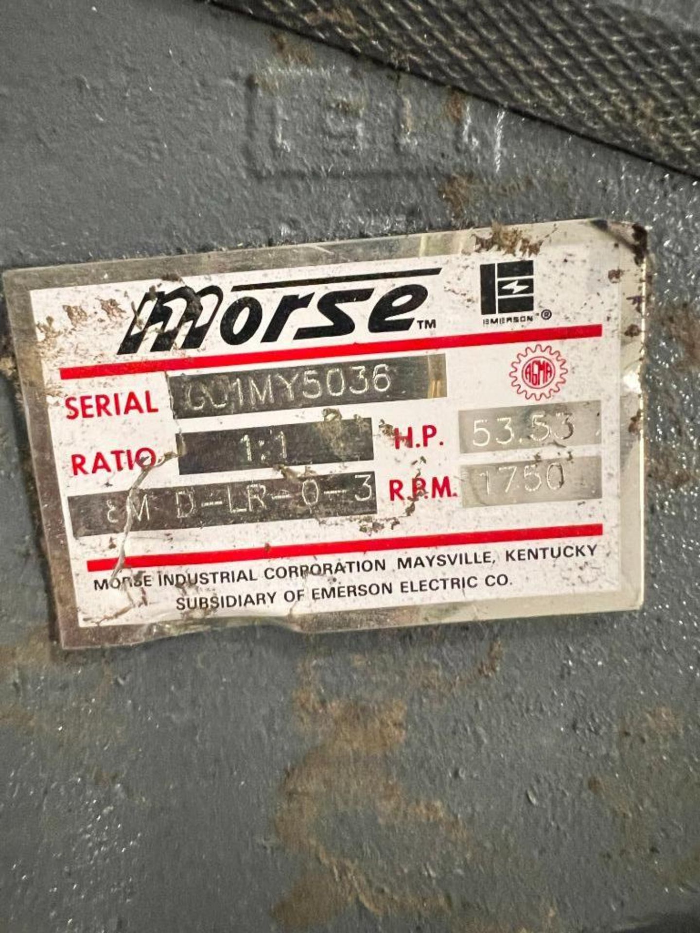 Morse Gearbox, S/N 001MY5036, Ratio: 1:1, 53.53 HP, 1750 RPM - Image 3 of 3