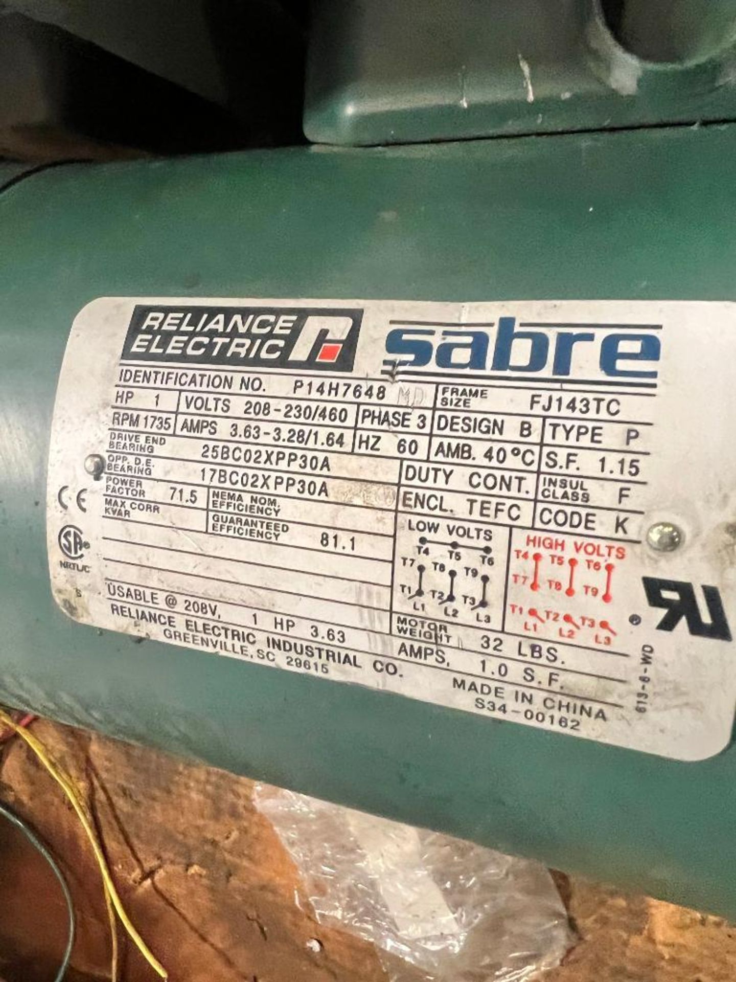 Reliance Electric Sabre Motor, Identification No. P14H7648, Frame: FJ143TC, Type: P, 1 HP, 460 Volt, - Image 2 of 2