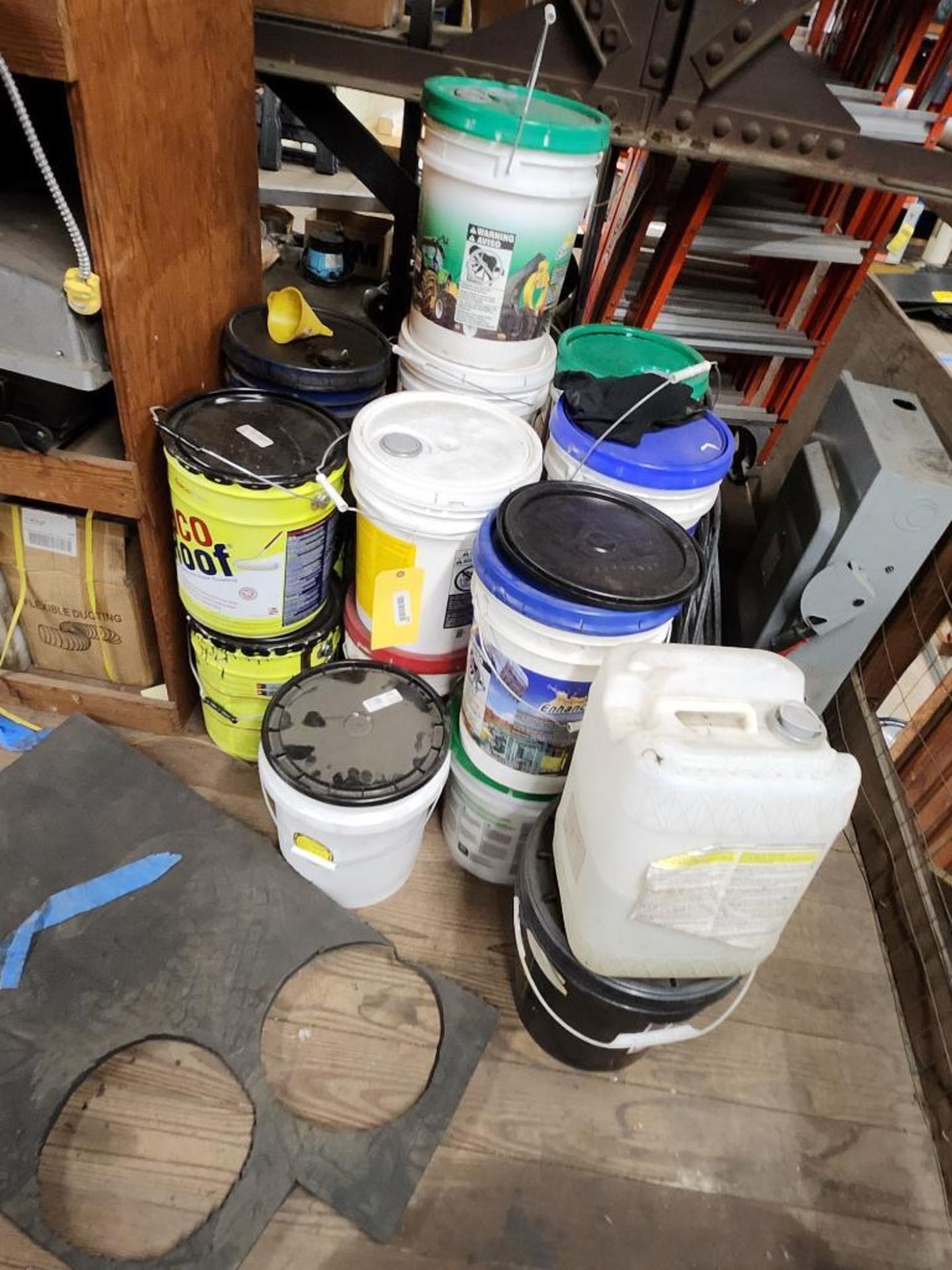 Approx. (16) Assortment of Buckets; Roof Coating, Hydraulic Fluid, Tractor Fluid