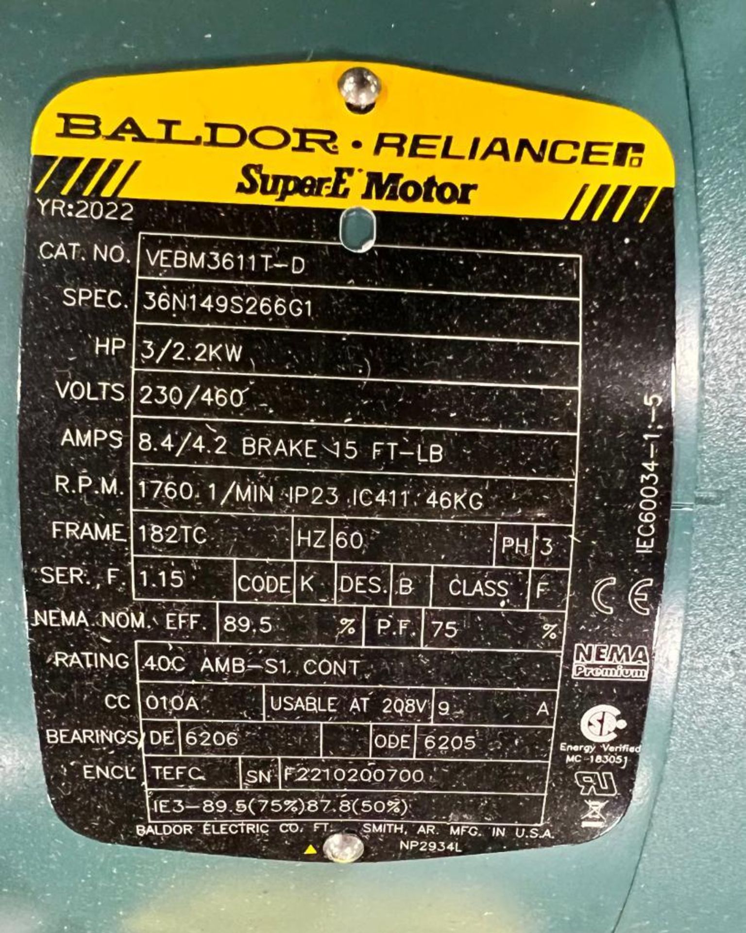 (2x) Baldor Reliance Super-E Motors, 3/2.2 KW HP, 182TC Frame, 3-Phase - Image 3 of 4