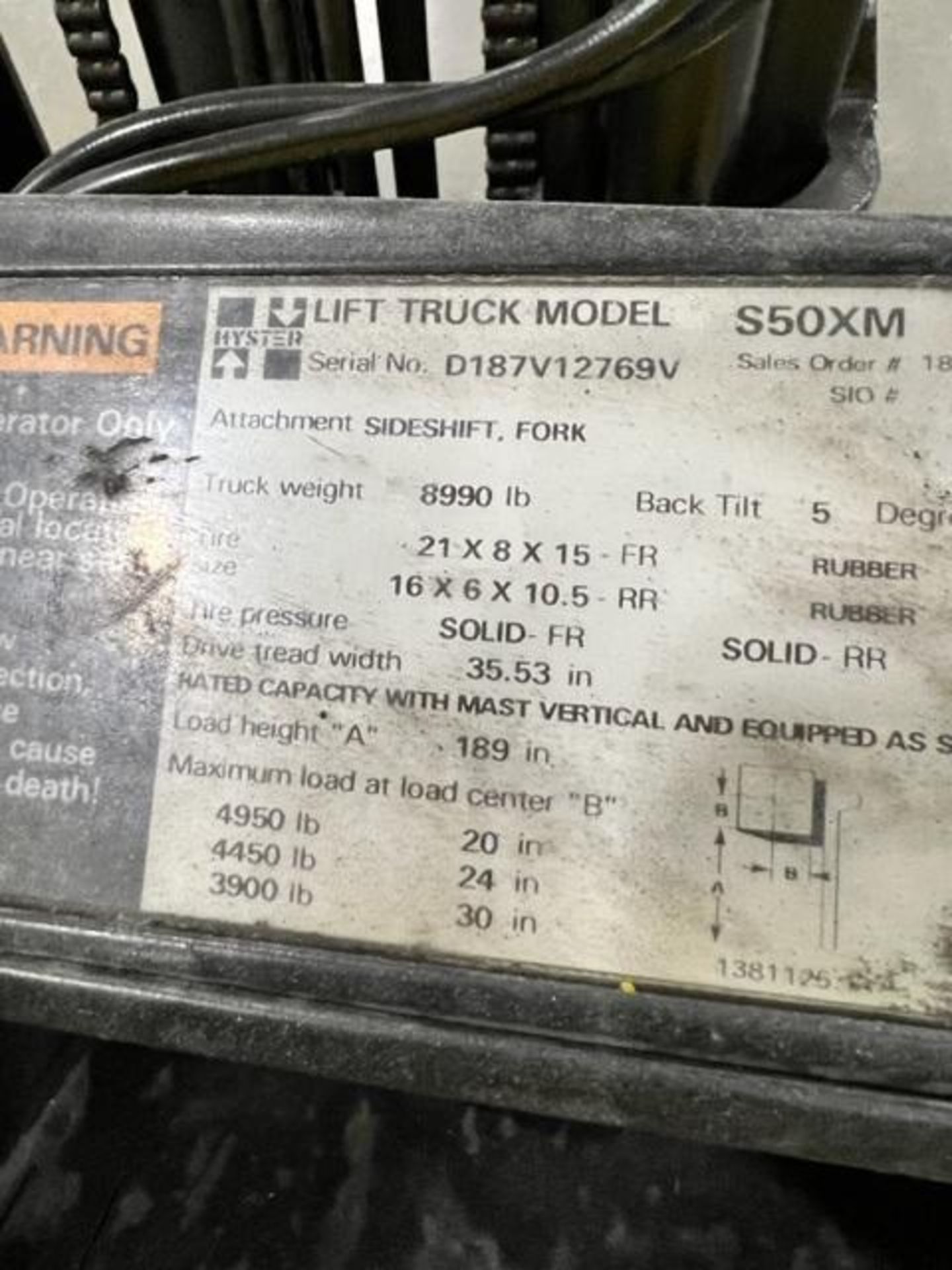 1998 Hyster 5,000-LB. Capacity Forklift, Model S50XM, S/N D187312769V, LPG, Solid Tires, 3-Stage Mas - Image 5 of 6