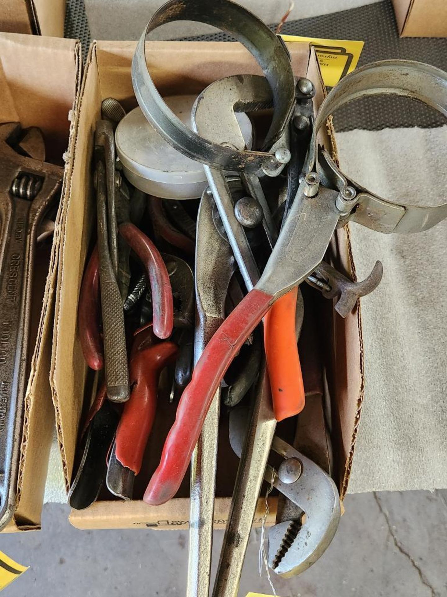 Box of Miscellaneous Flyers, Cut-Off Tools, Oil Filter, Wrenches
