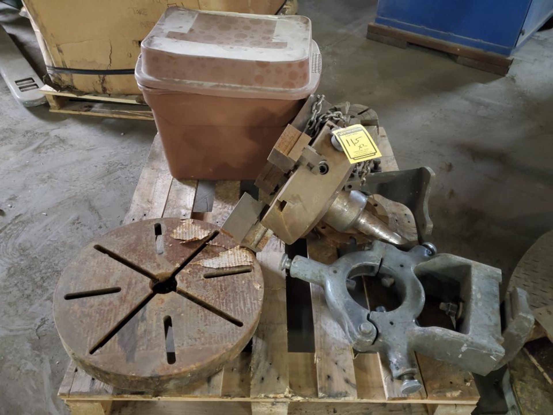 (2) Pallets of Chuck Plates, 15" 4-Jaw Chuck, & Steady Rest