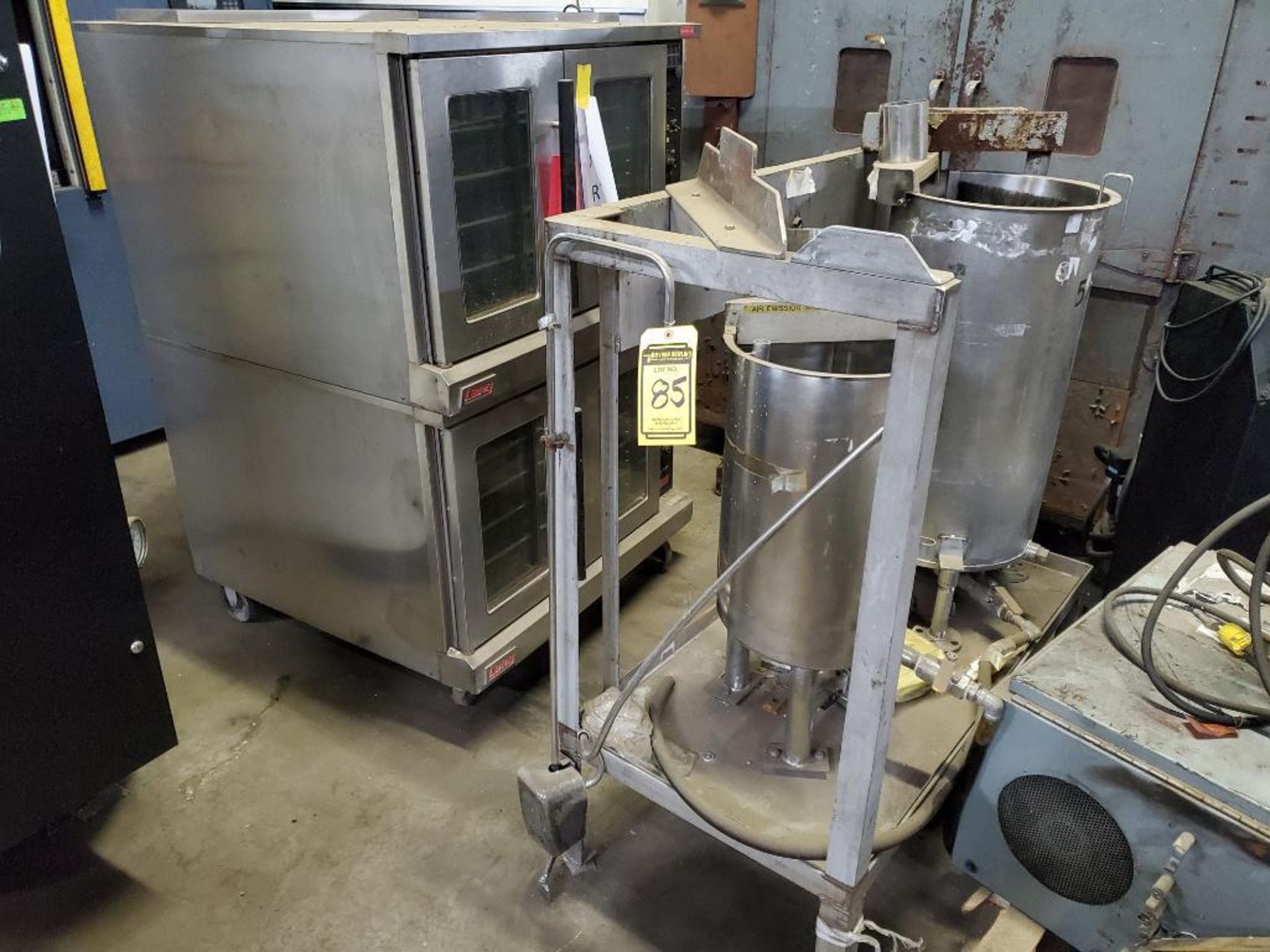 (2) Lang Accu-Plus Commercial Cook Ovens & Stainless Liquid Transfer Cart w/ (2) Tanks