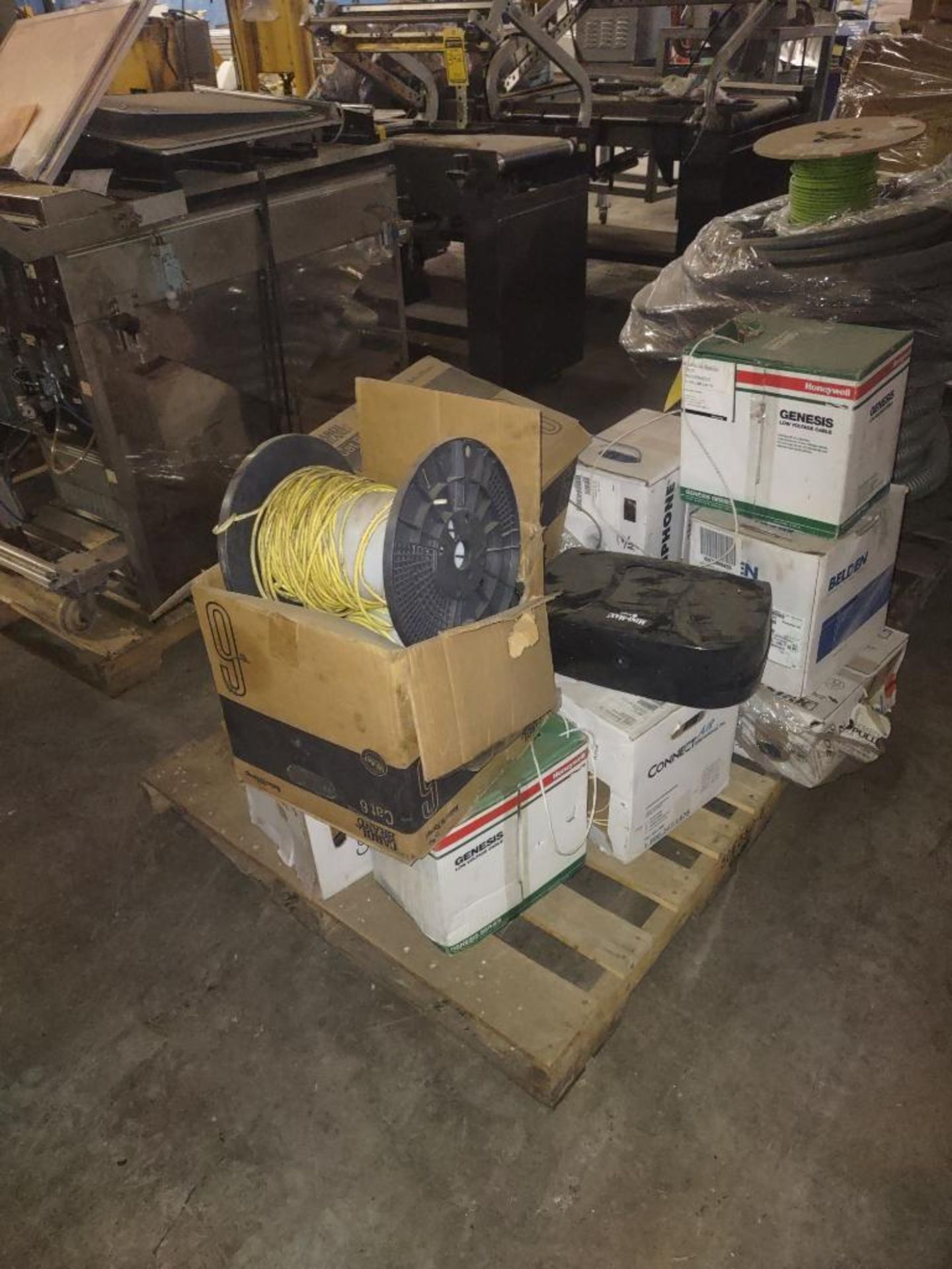 (4) Pallets of Assorted Lights, Communication Wire, Low Voltage Wire, Rubber Conduct, Flex Hose, & W