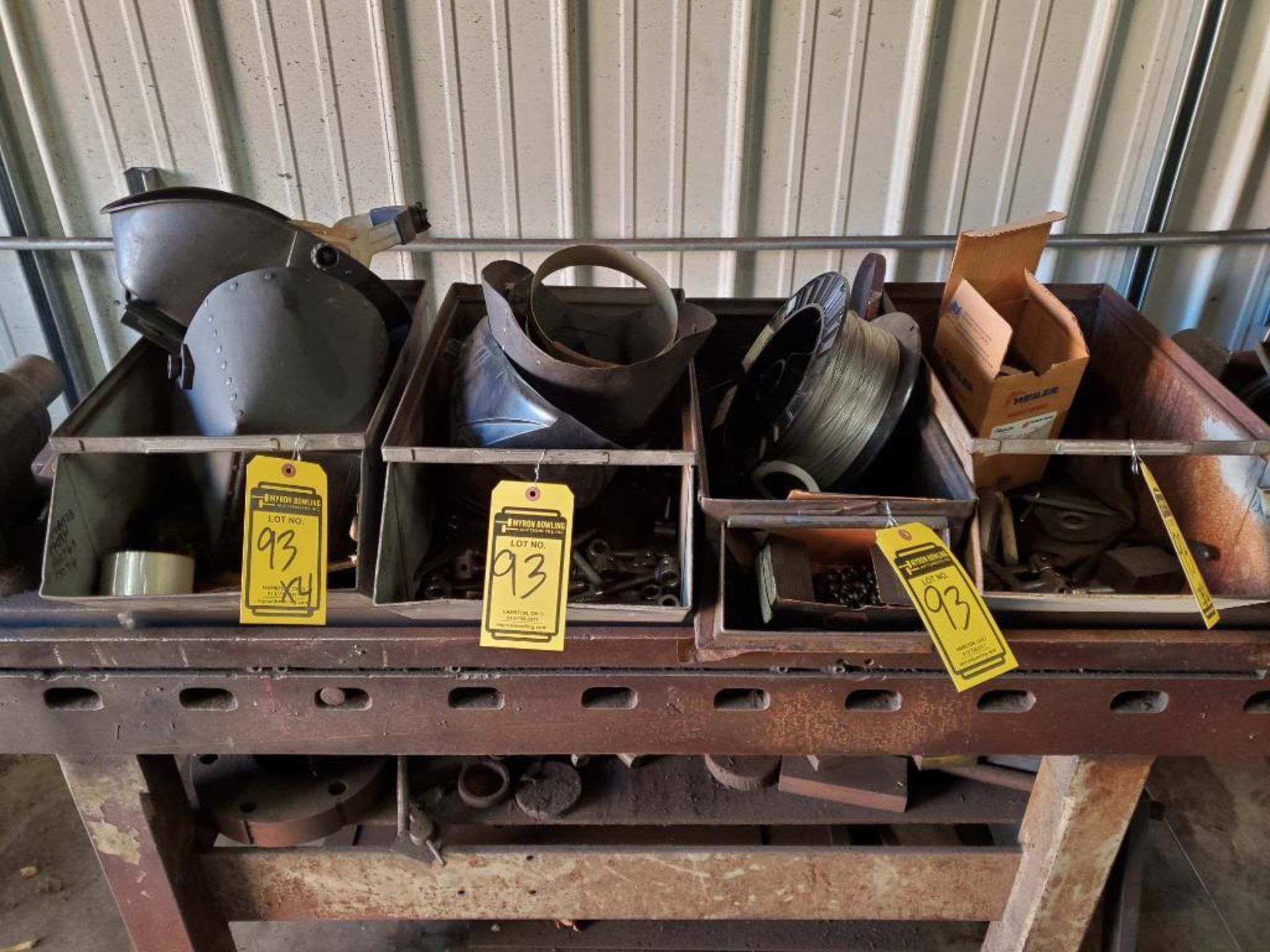 (4) Bins of Welding Wire, Welding Mask, Grinding Wheels, Mag Base, & Fabricated Bolts