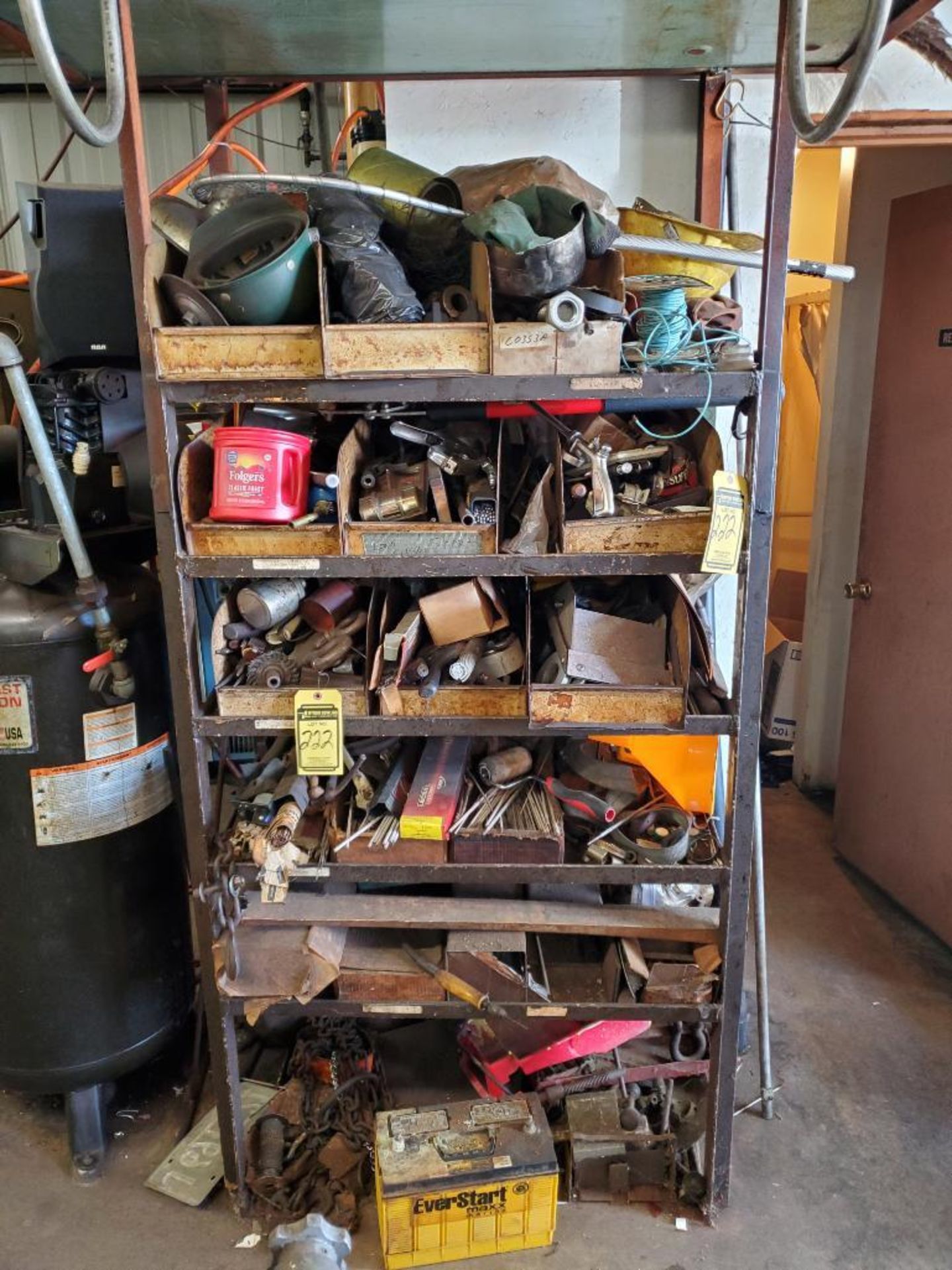 Steel Rack w/ Welding Rods, Staple Gun, Battery, Chains, Lifting Eyes, & Assorted Steel