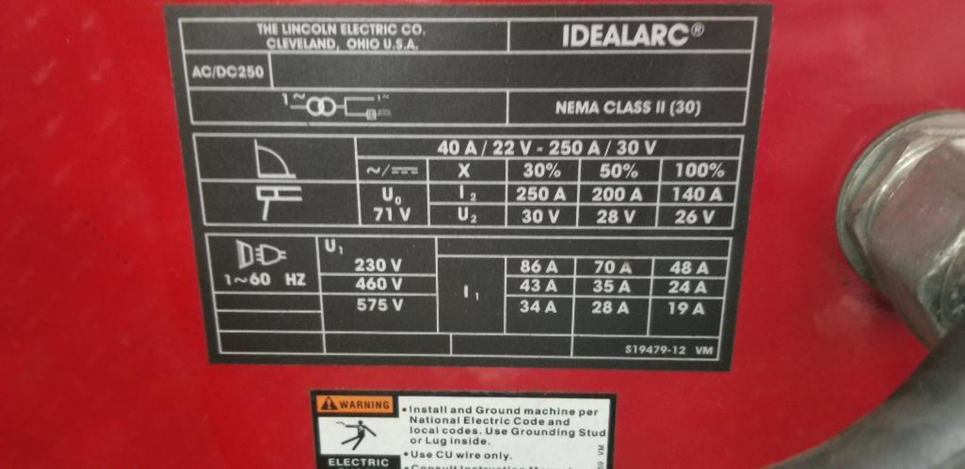 Lincoln Electric IdealArc 250 Arc Welder, Model AC/DC250, S/N U1140202415, 230v/460v/575v, Single Ph - Image 3 of 3