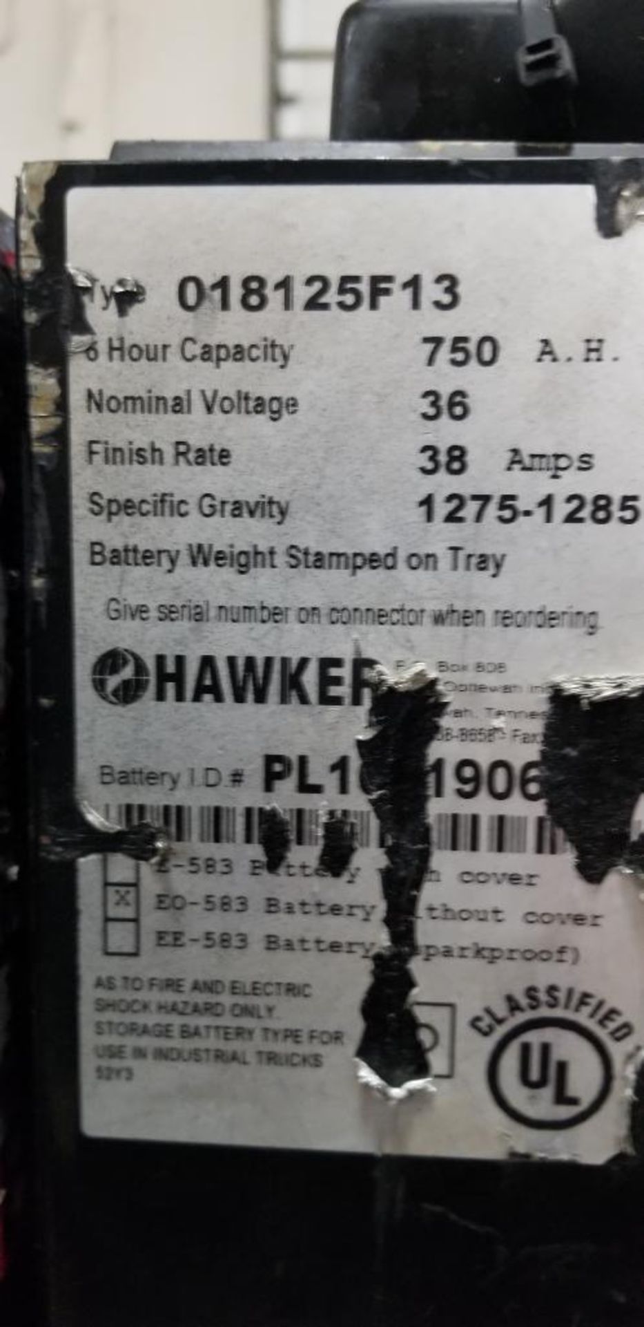 (2x) Hawker Powerline Batteries, EO-583, 36v, 750A.H., Battery Weight: 2,065 & 2,058 LB., 38" L x 16 - Image 4 of 7