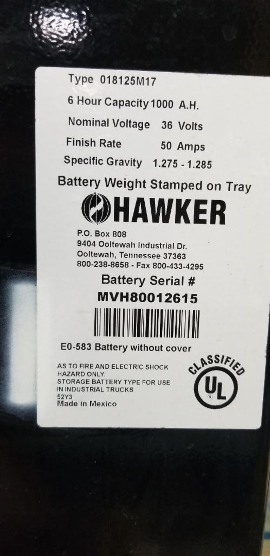 Hawker Powerline Battery, EO-583, 36v, 1000A.H., Battery Weight: 2,895 LB., 38" L x 20" W x 31" H ($ - Image 4 of 5