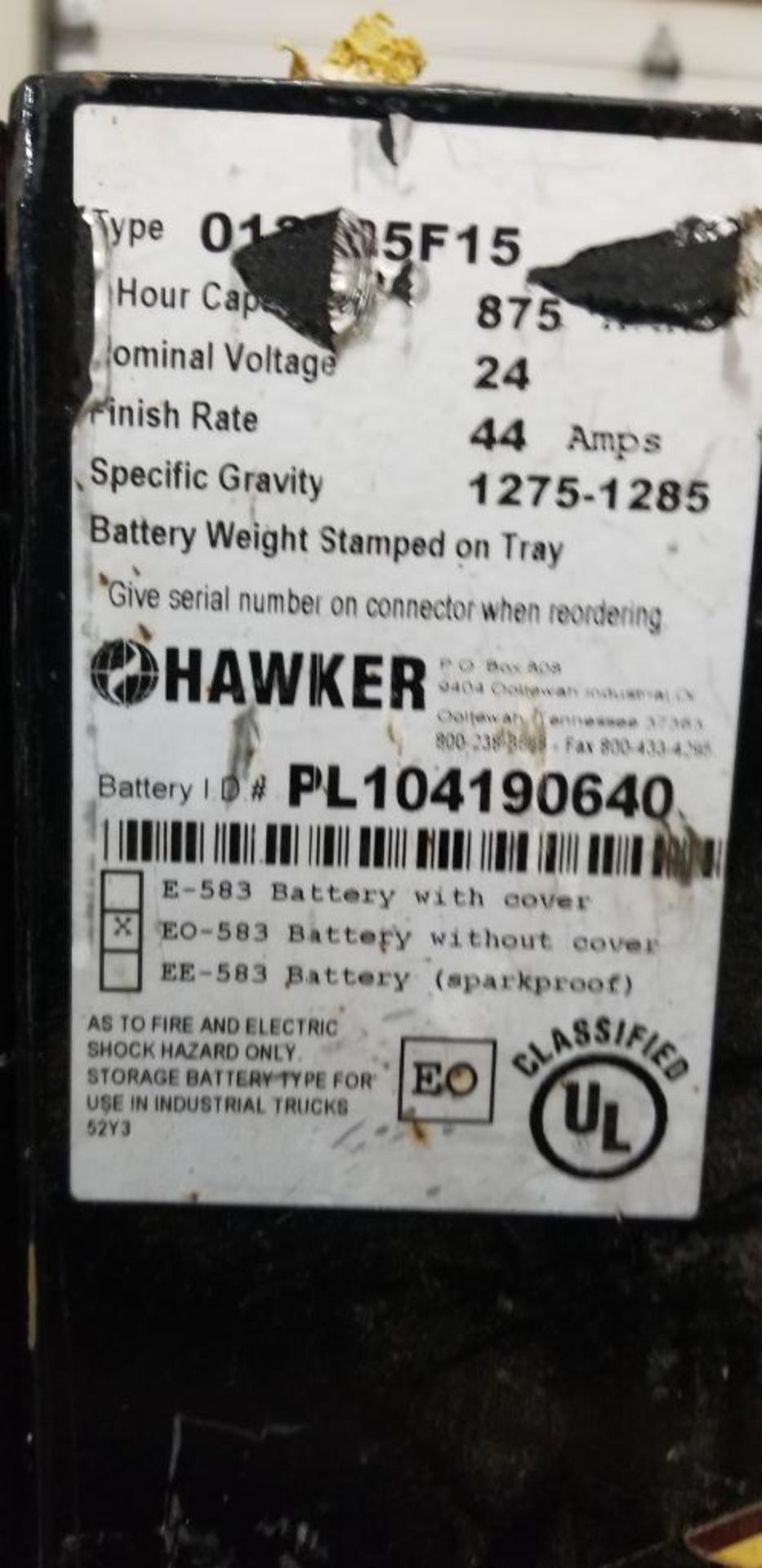 (2x) Hawker Powerline Batteries, 24V, 875A.H., Battery Weight: 1,713 & 1,769 LB., L36"xW14"xH31" ($5 - Image 6 of 7