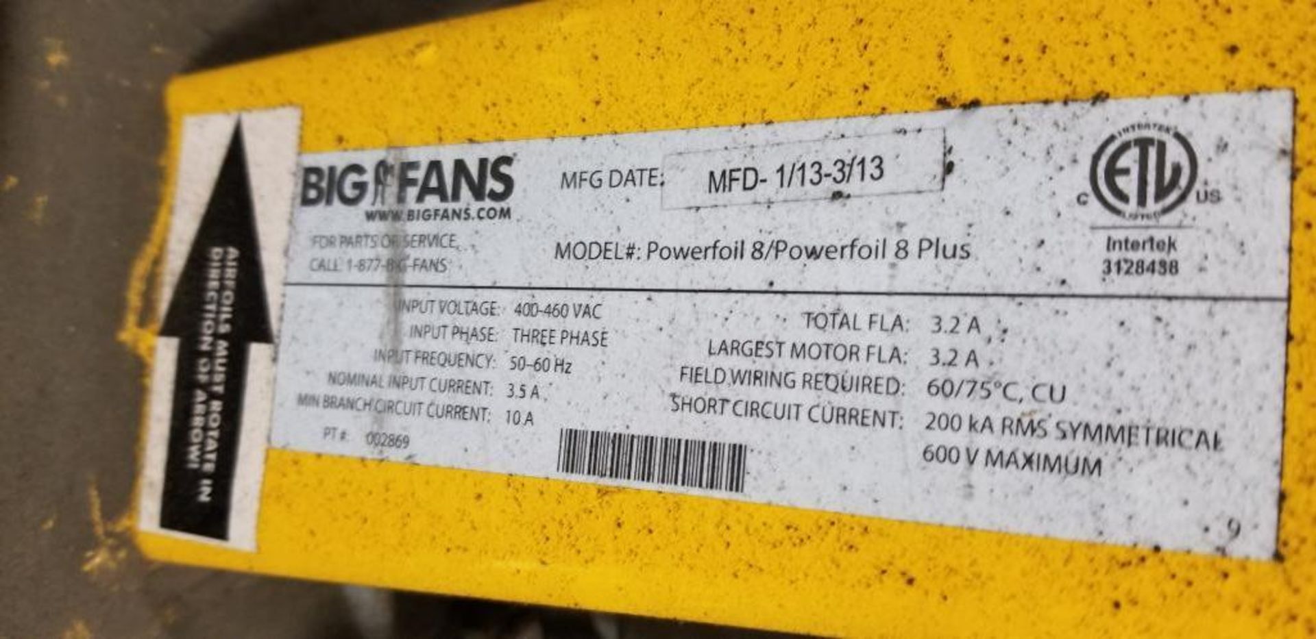 Big Ass Fan, Model POWERFOIL 8, 400V/460V, 3-Phase, Blade Length: 110" ($150 Loading Fee Will be Add - Image 6 of 6