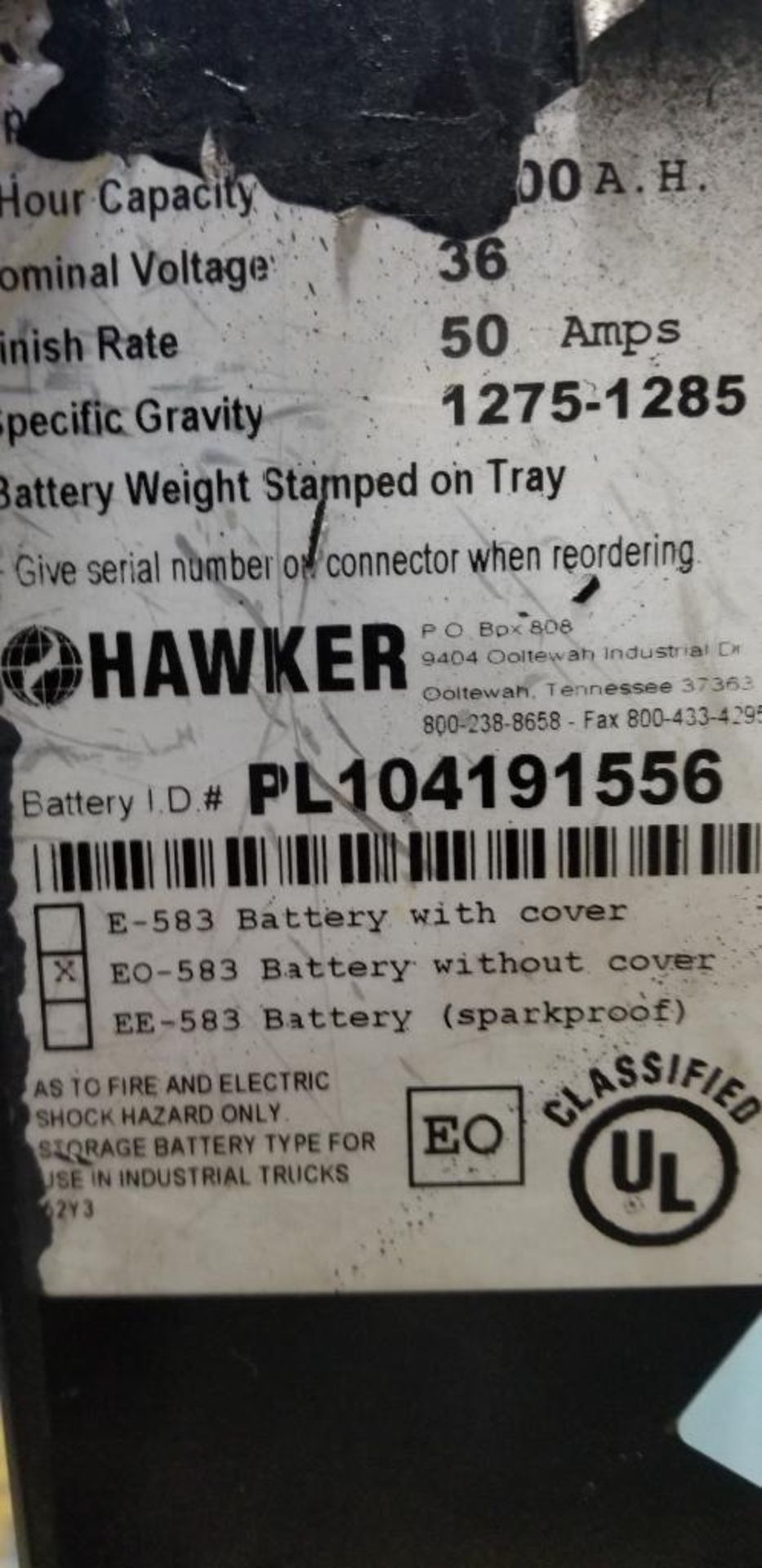 Hawker Powerline Battery, EO-583, 36v, 1000A.H., Battery Weight: 2,811 LB., 38" L x 20" W x 31" H ($ - Image 4 of 5