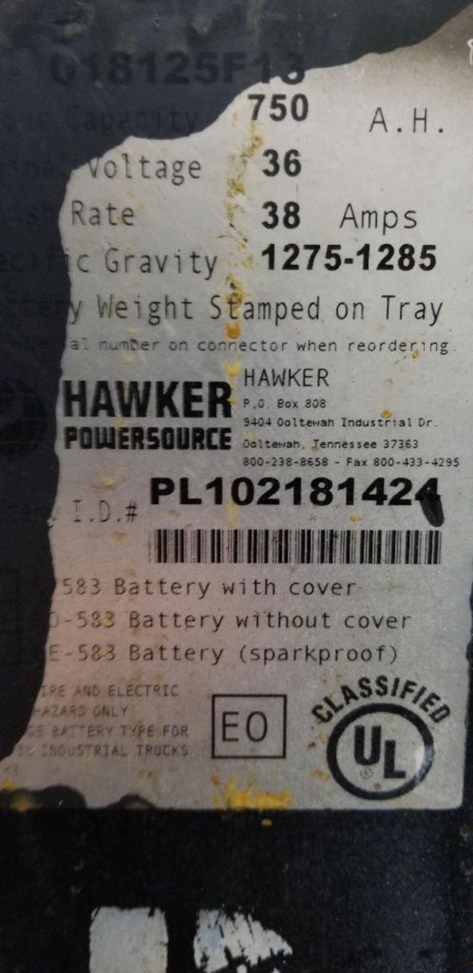 (2x) Hawker Powerline Batteries, EO-583, 36v, 750A.H., Battery Weight: 2,060 & 2,100 LB., 38" L x 16 - Image 4 of 7