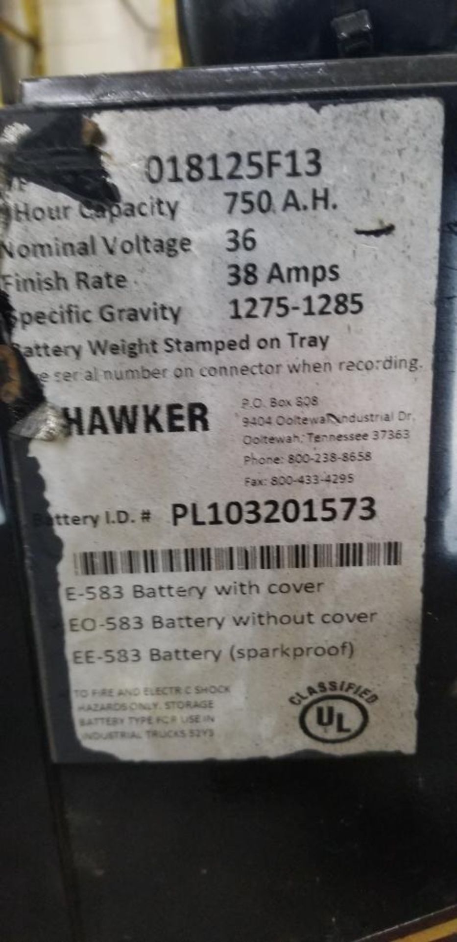 (2x) Hawker Powerline Batteries, EO-583, 36v, 750A.H., Battery Weight: 2,056 & 2,051 LB.,38" L x 16" - Image 4 of 7