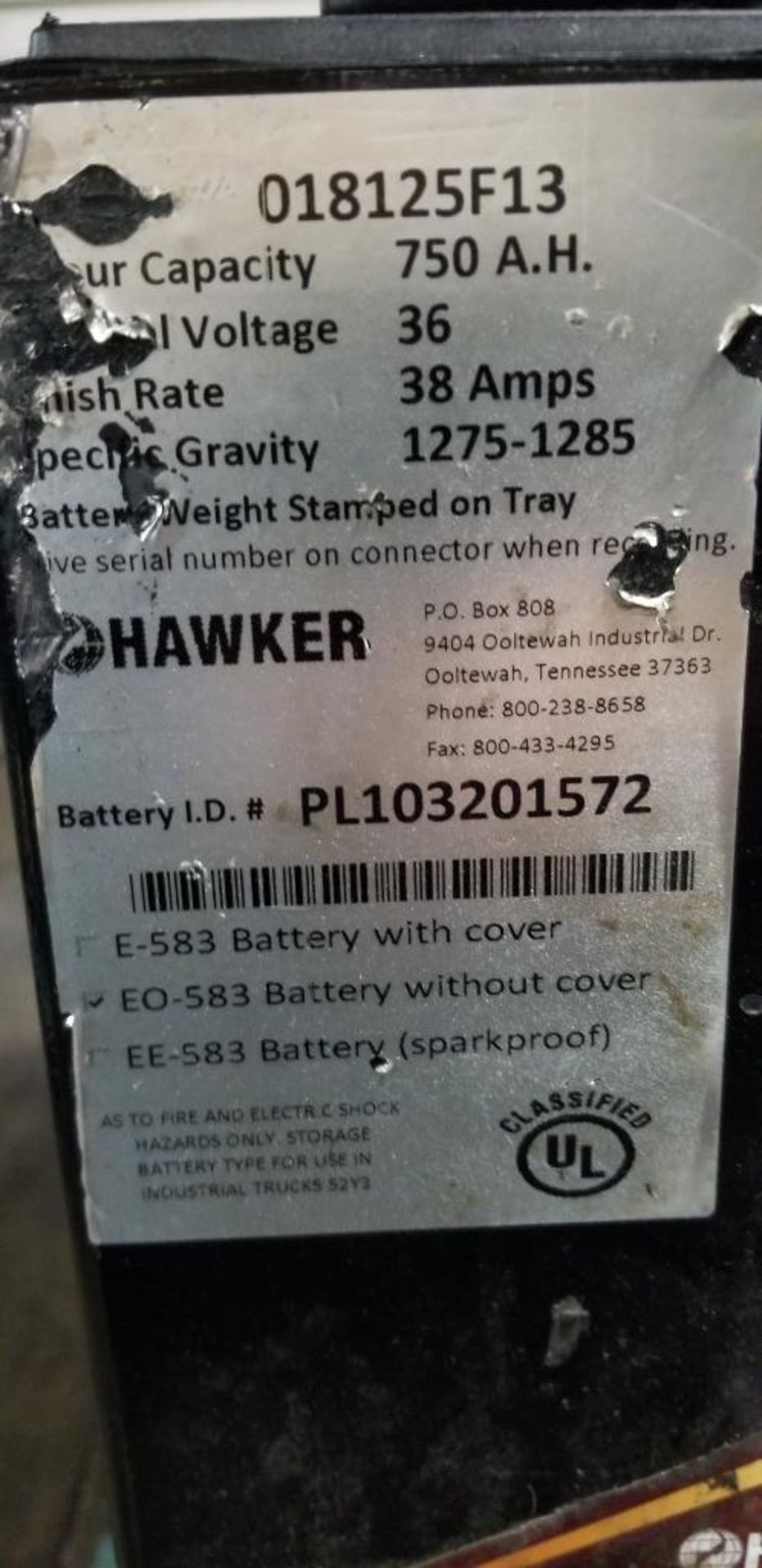 (2x) Hawker Powerline Batteries, EO-583, 36v, 750A.H., Battery Weight: 2,060 & 2,045 LB., 38" L x 16 - Image 4 of 6