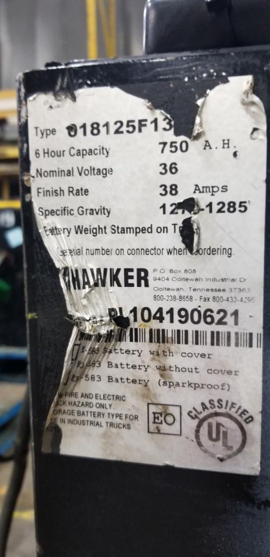 (2x) Hawker Powerline Batteries, EO-583, 36v, 750A.H., Battery Weight: 2,102 & 2,038 LB.,38" L x 16" - Image 4 of 7
