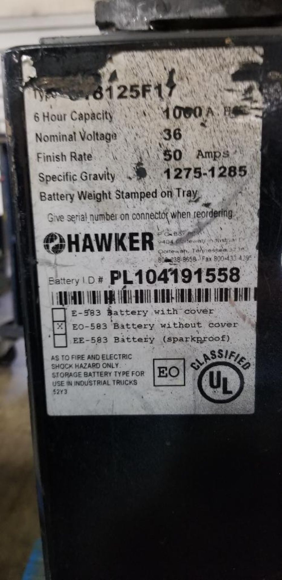Hawker Powerline Battery, EO-583, 36v, 1000A.H., Battery Weight: 2,821 LB., 38" L x 20" W x 31" H ($ - Image 4 of 5