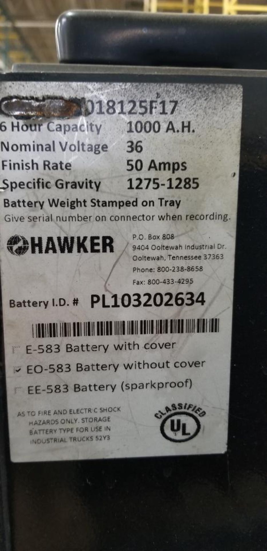 Hawker Powerline Battery, EO-583, 36v, 1000A.H., Battery Weight: 2,780 LB., 38" L x 20" W x 31" H ($ - Image 4 of 5