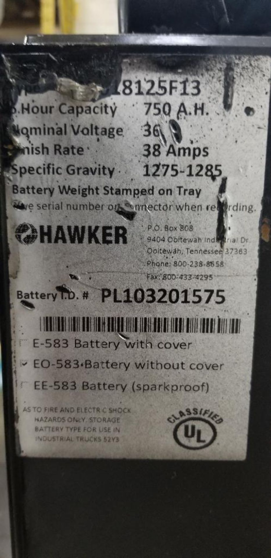 (2x) Hawker Powerline Batteries, EO-583, 36v, 750A.H., Battery Weight: 2,056 & 2,051 LB.,38" L x 16" - Image 6 of 7