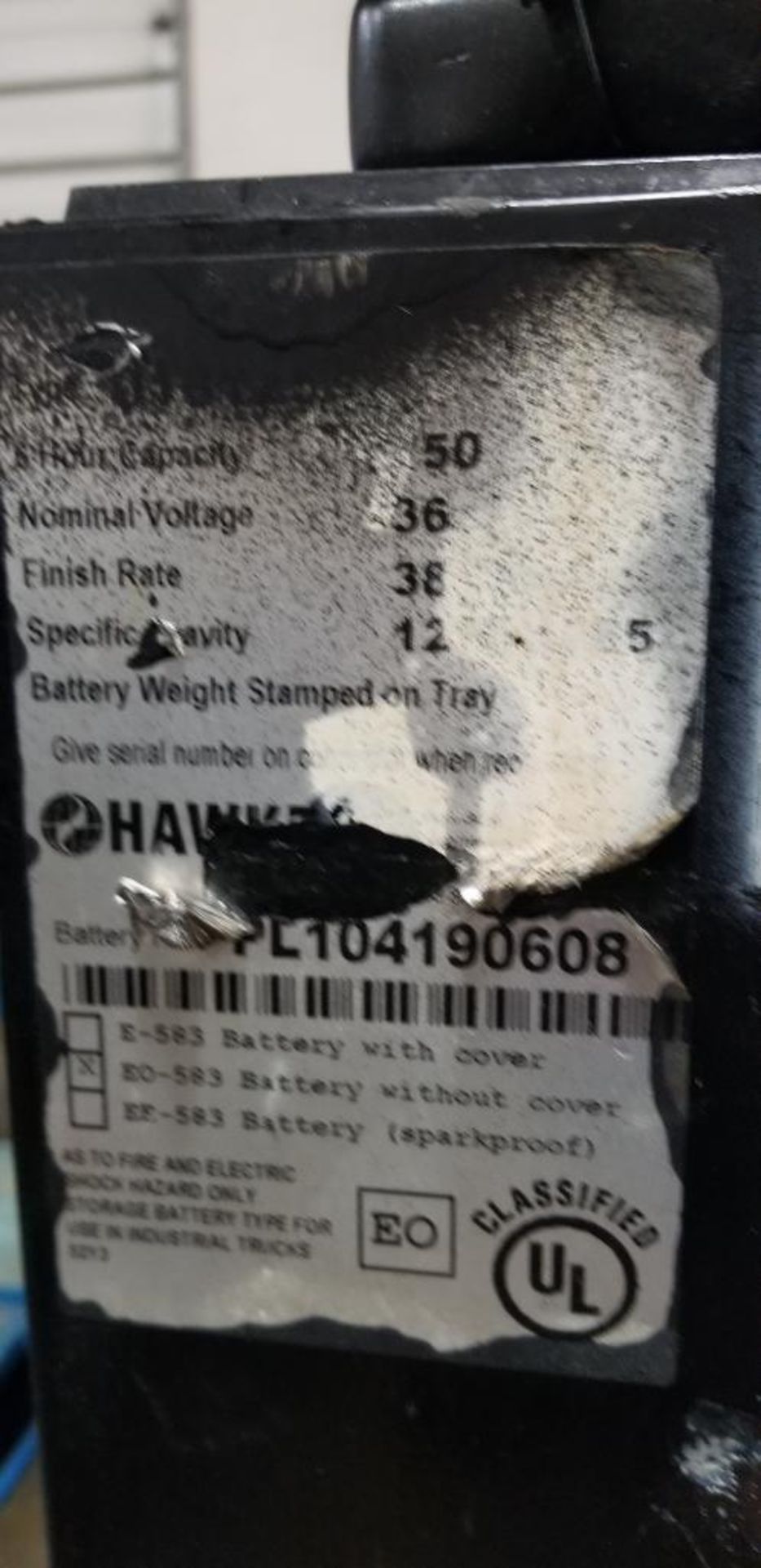 (2x) Hawker Powerline Batteries, EO-583, 36v, 750A.H., Battery Weight: 2,065 & 2,058 LB., 38" L x 16 - Image 6 of 7