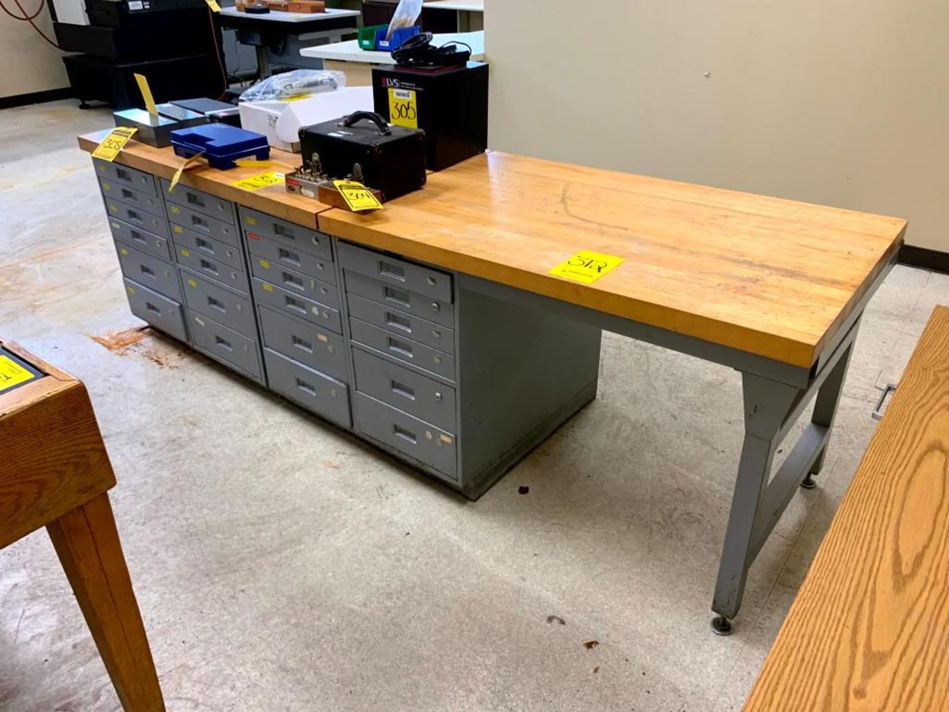 Workplace Shop Furniture: Butcherblock Tops, (2) Multi-Drawer Cabinets, (2) Sliding Door Cabinets