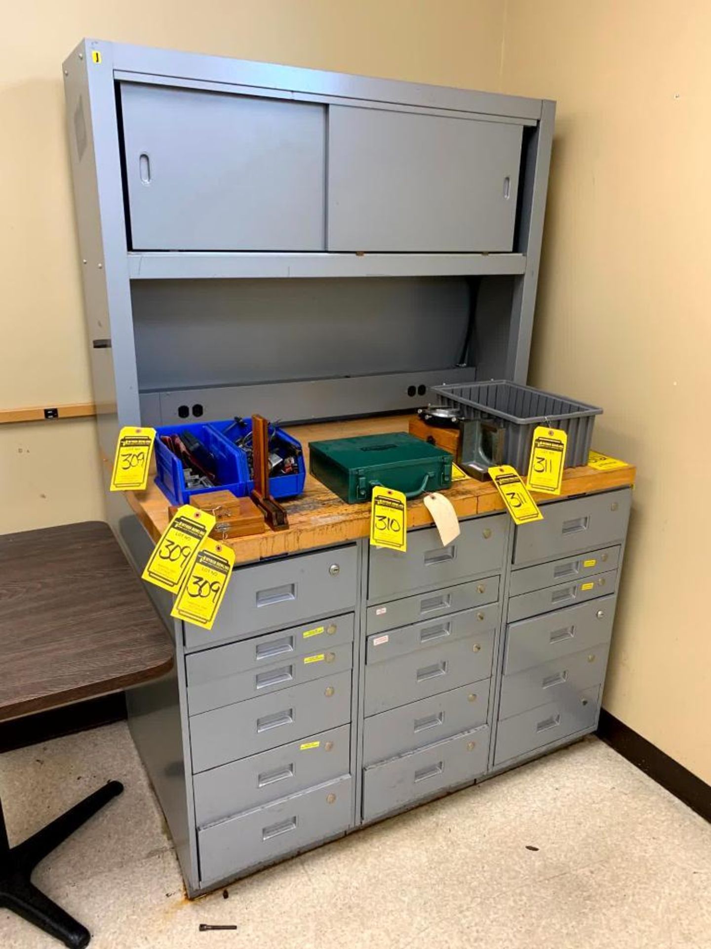 Workplace Shop Furniture: Butcherblock Tops, (2) Multi-Drawer Cabinets, (2) Sliding Door Cabinets - Image 5 of 7